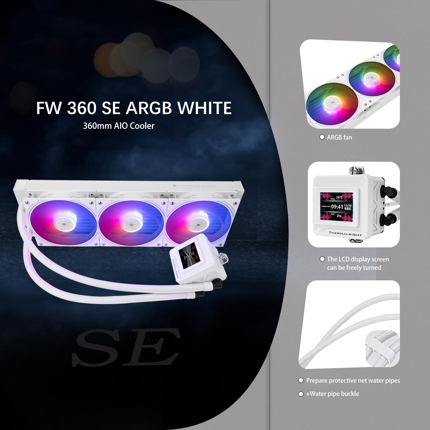 TR-Thermalright FW360 SE ARGB Bianco Liquido CPU Cooler, 2 '' IPS LCD Screen con risoluzione 320x240 magnetico-magnetico, tema schermo fai da te, per AM4/AM5, LGA1851/1700/115x