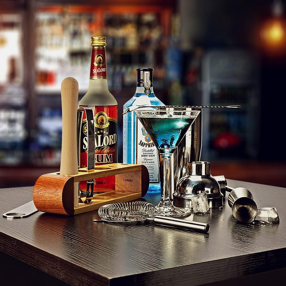 TJ.MOREE Bartender Kit with Stand, 11-Piece Bar Tool Set Cocktail Set Perfect Home Bartender Set and Martini Shaker Set for Drink Mixing Experience - Sapele