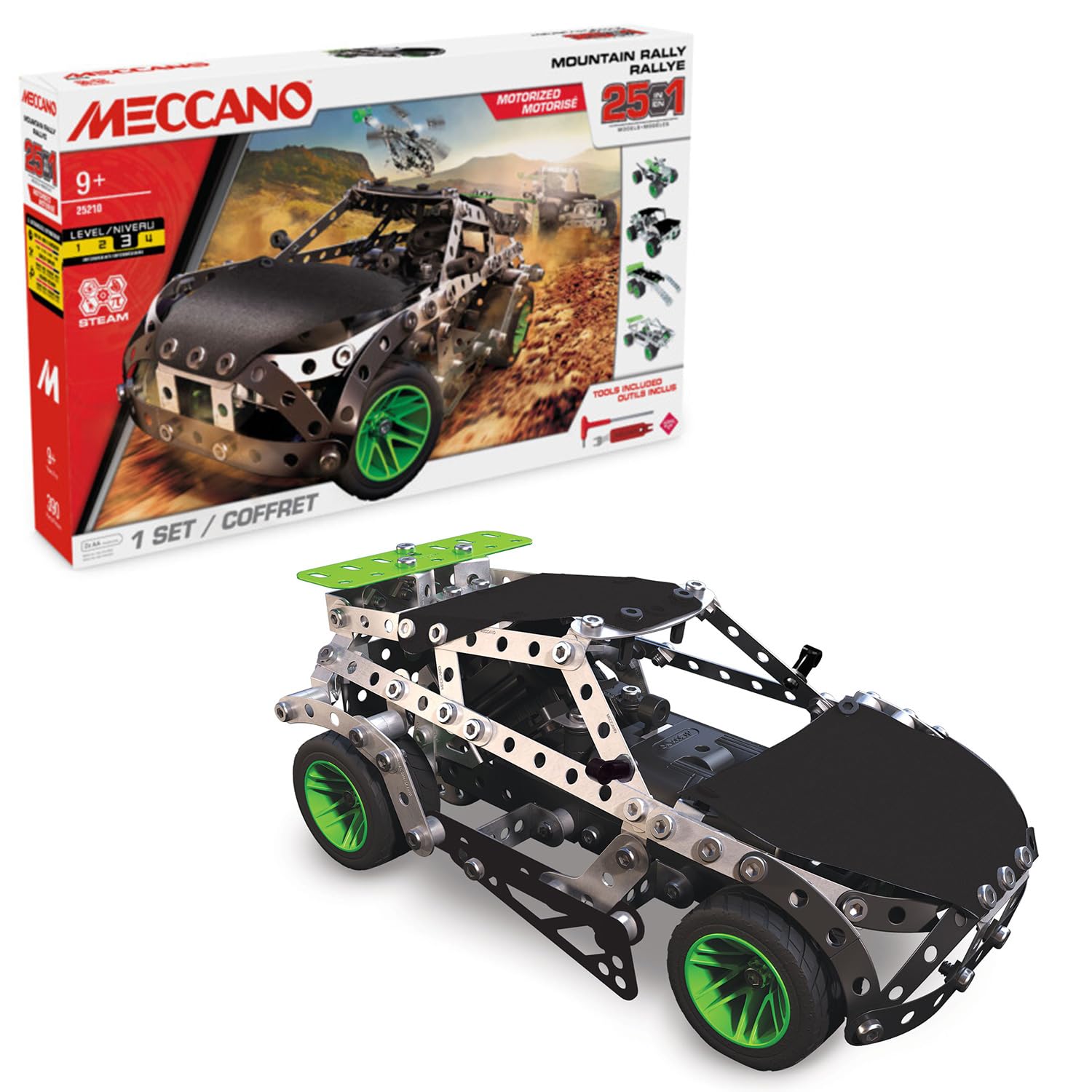 BANDAI - Meccano Mountain Rally 25 en 1 - Coffret de Construction 25 Modèles - 390 pièces, Moteur, Outils, Notice - Kit Activité Assemblage Voiture de Rallye - Jouet Enfant 10 Ans et + - APM11111