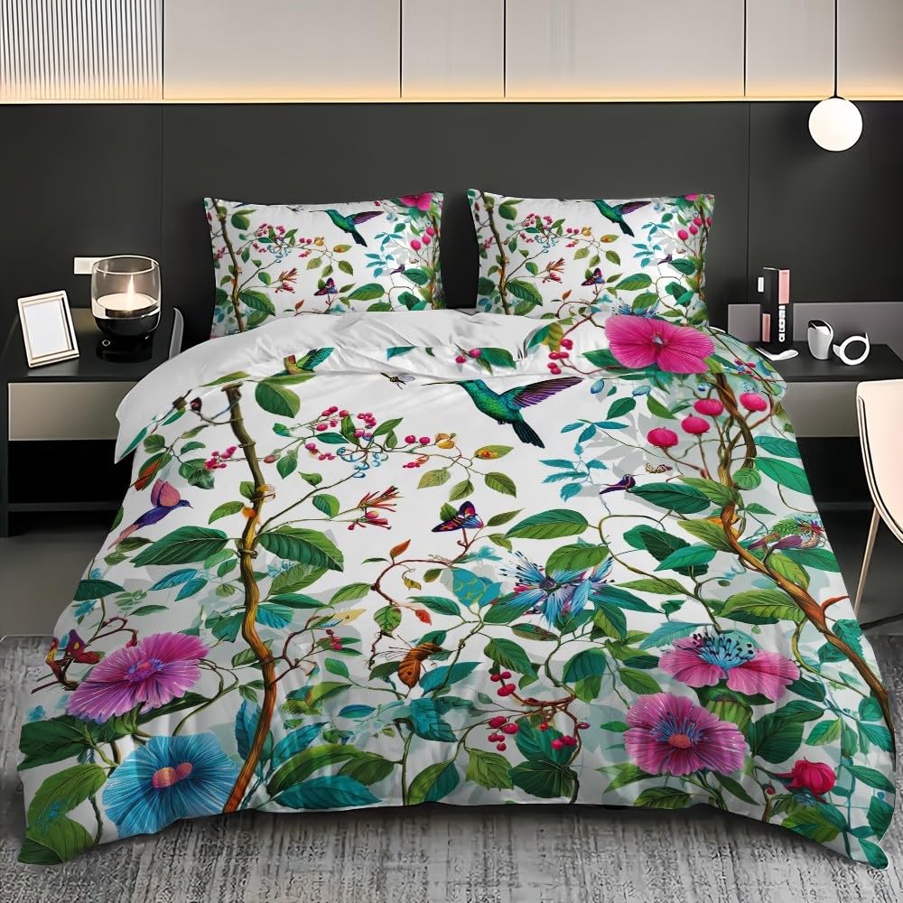 3-częściowy komplet pościeli z motywem kwiatów, motyli, kolibrów, 240 x 220 cm, poszewka na kołdrę z 2 poszewkami na poduszkę 80 x 80 cm, zielona, z mikrofibry, z zamkiem błyskawicznym, nie wymaga