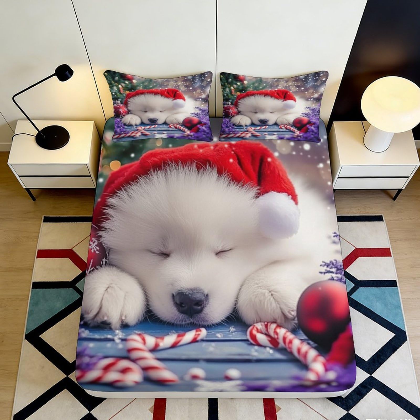 Jqzkxnhpbr Style-9 3D Printed Christmas Cat Fitted Sheet Microfiber Soft Red Santa Hat Bed Cover For Bedroom Guest Room Easy Care 90X200x25cm