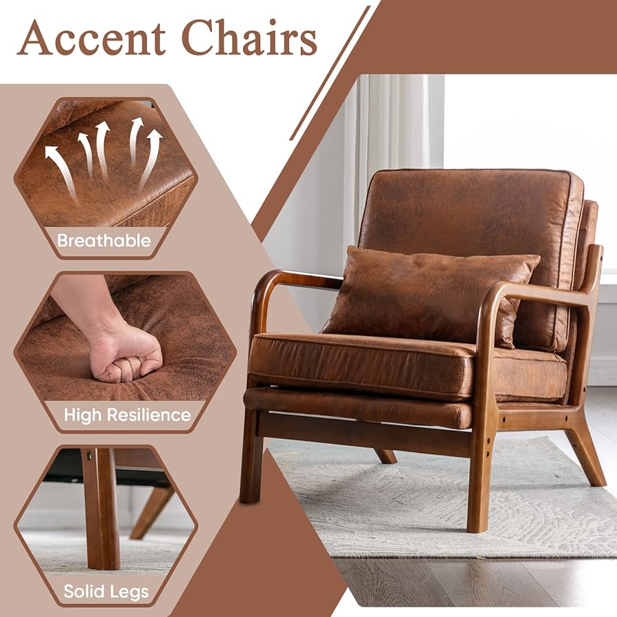 Amazon.com: Mid Century Modern Brown Accent Chair Living Room- Comfy Solid  Wood Arm Chair with Lumber Pillow Lounge Decorative Microfiber Leather  Office Side Chair for Bedroom Reading Nook Sillas De Sala Coffee :