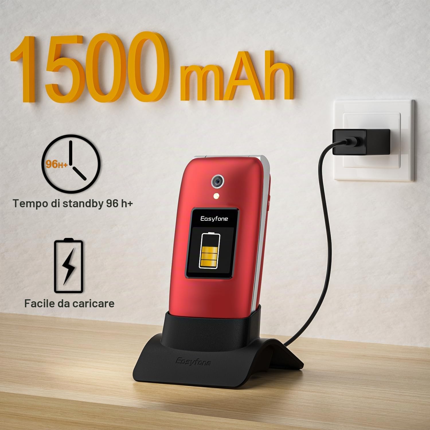 Easyfone Prime-A1 Pro 4G GSM Telefono Cellulare a conchiglia per Anziani, Telefono Cellulare con Tasti Grandi, Funzione SOS, Dual HD IPS Display, Base di ricarica, 1500mAh Batteria (Rosso)