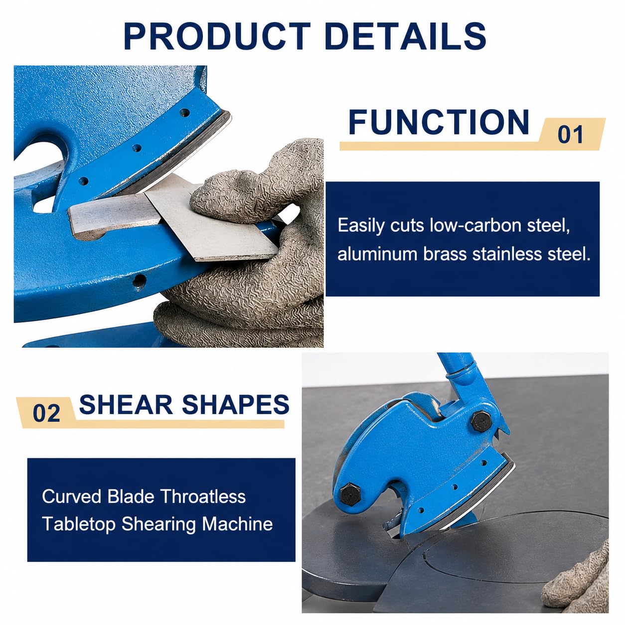 Ciseaux manuels à tôle sans gorge, largeur de coupe de 70 mm | Coupe jusqu'à 2 mm d'acier doux ou aluminium de 3 mm ; long manche et support d'entraînement à engrenages droits, incurvés et détaillés.