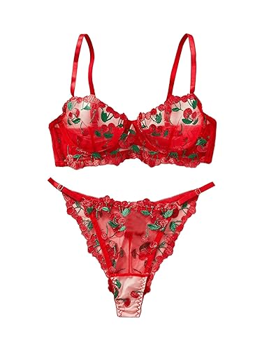 BEAUDRM Women's 2 Piece Lingerie Set Babydoll Cherry Sexy Sheer Mesh underwire Bra and Panty Thong Nightwear Sets - X-Large - Red