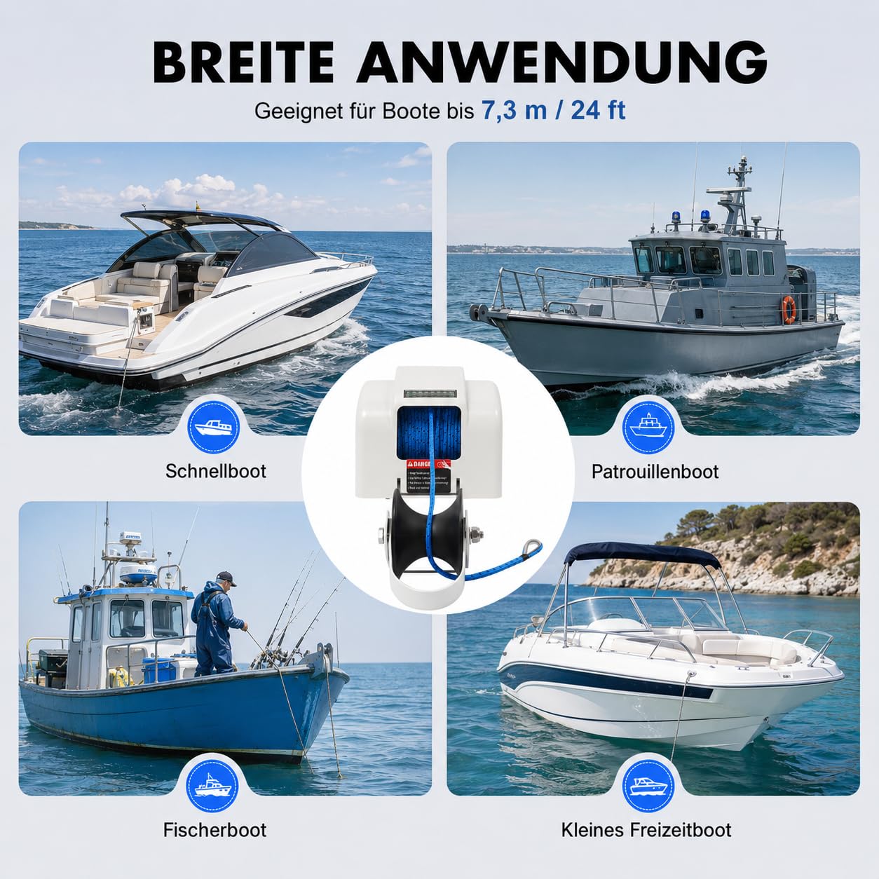 Anker Boot Elektrische Ankerwinde 12V mit Fernbedienung, Elektrische Seilwinde für Boote mit 30 m Nylonseil, Belastbarkeit bis 20 kg, Bootsanker Winde für Schnellboote Fischerboote Motorboote