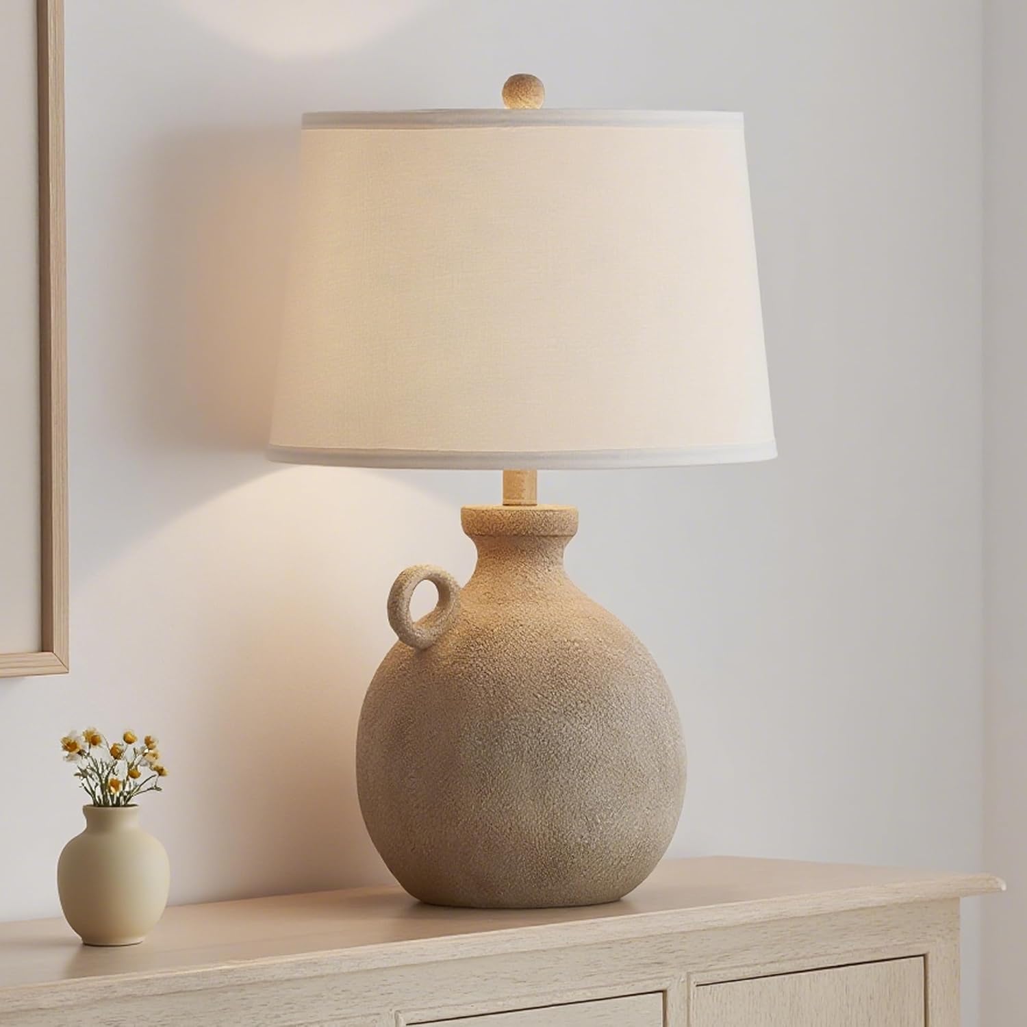 Maxax 24" Rustic Table Lamp for Living Room, Farmhouse Bedside Lamp with USB Charging Port, 3-Way Dimmable Large Vintage Brown Bedroom Lamp with White Shade for Nightstand