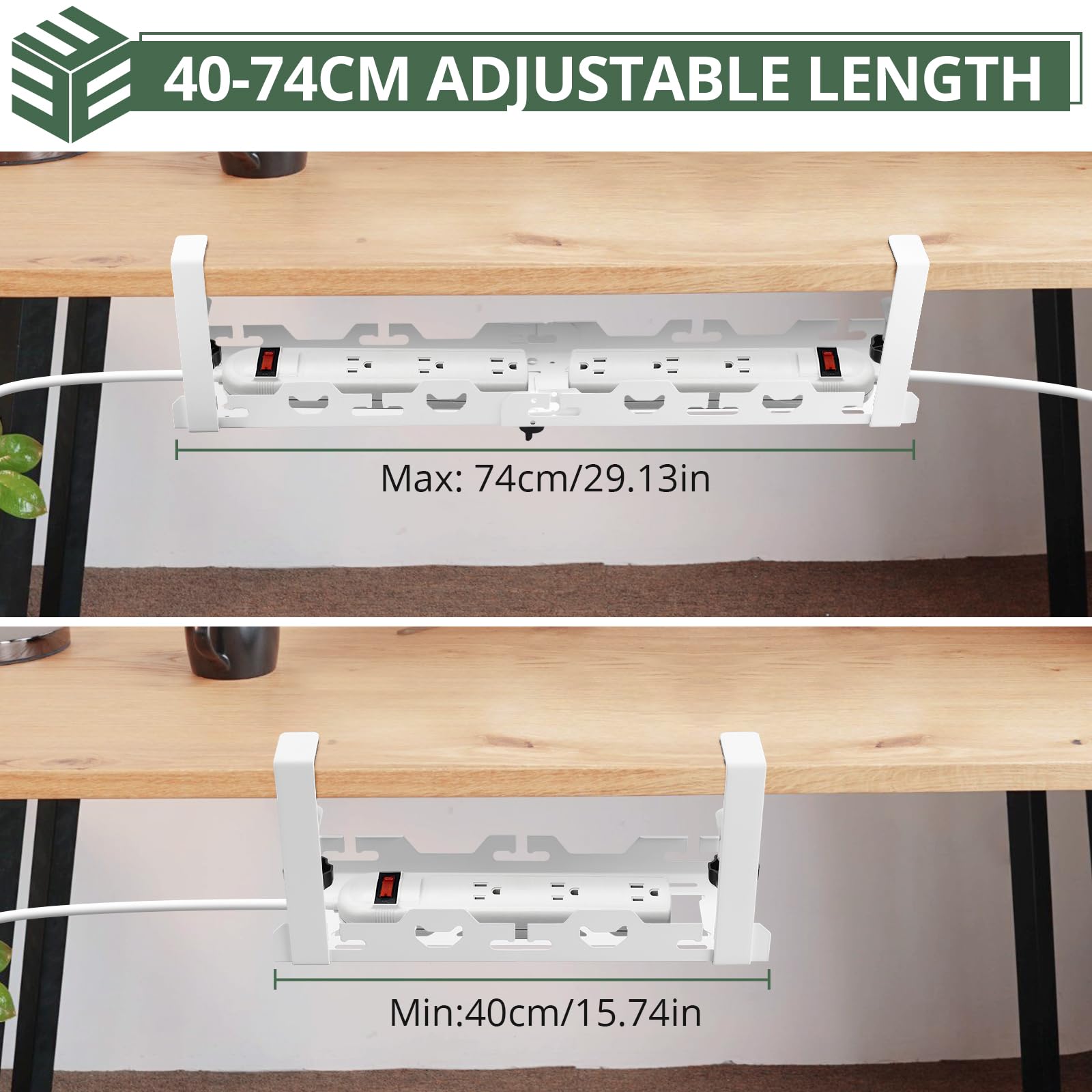 EYPINS Organizador de Cables para Debajo del Escritorio, sin Taladro, de 40-74cm, Retráctil, Resistente, de Acero al Carbono, Bandeja Cables Escritorio Blanco