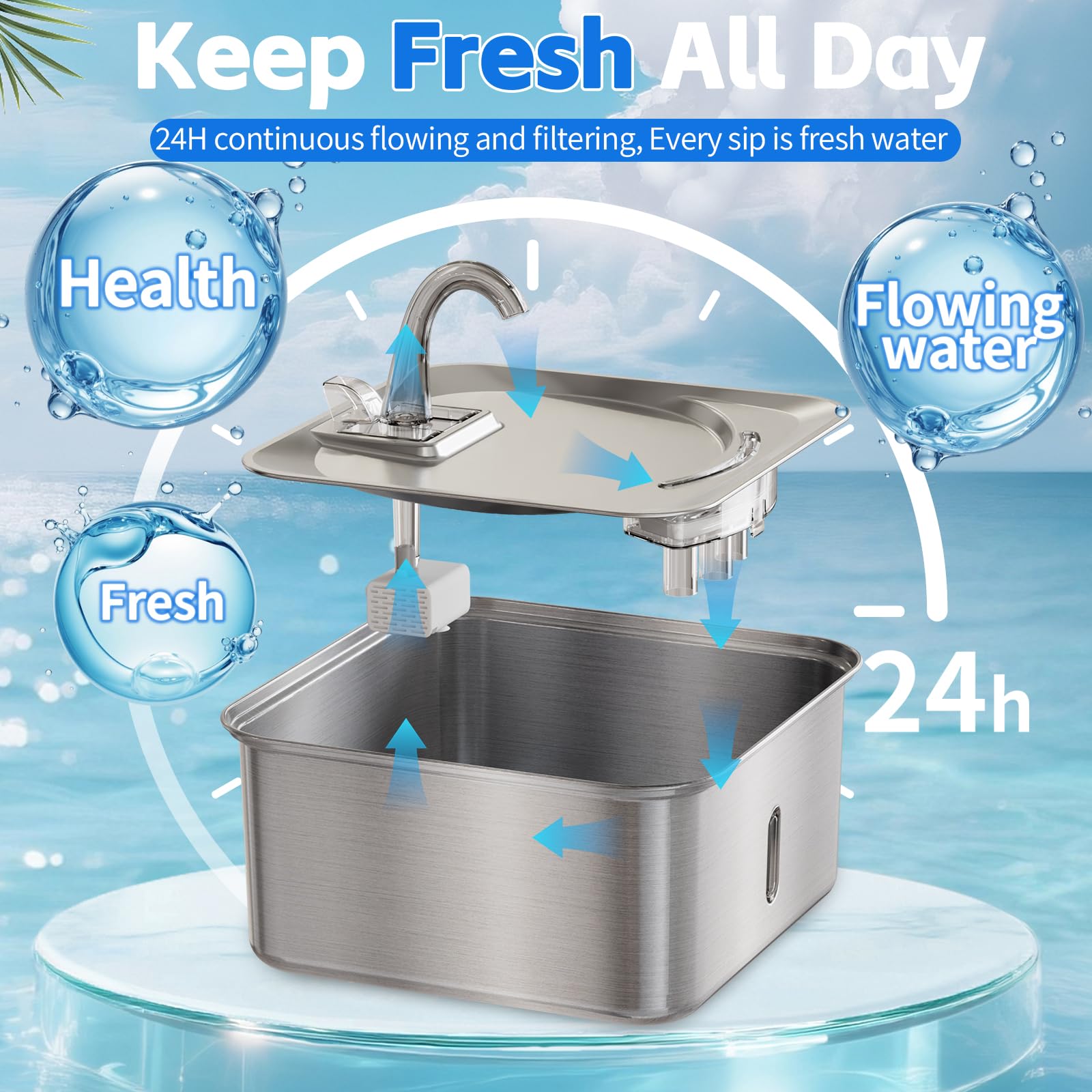 Fuente de agua para perros de 7 l de acero inoxidable con ventana, bomba silenciosa, 6 filtros de repuesto, filtro cuádruple, agua circulante, para varios gatos
