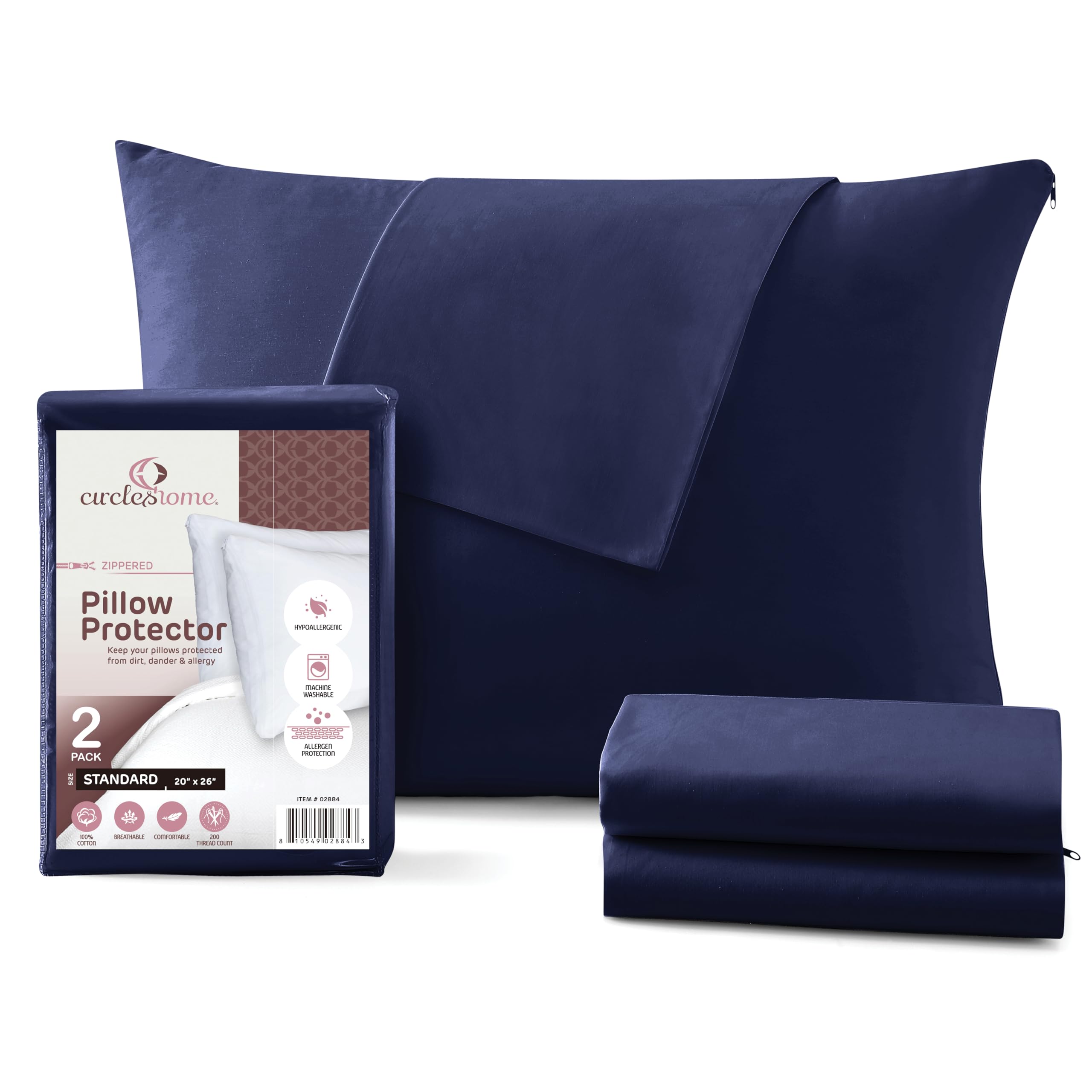 CirclesHome Standard Pillow Protectors with Zipper, Cotton, Set of 2, Navy