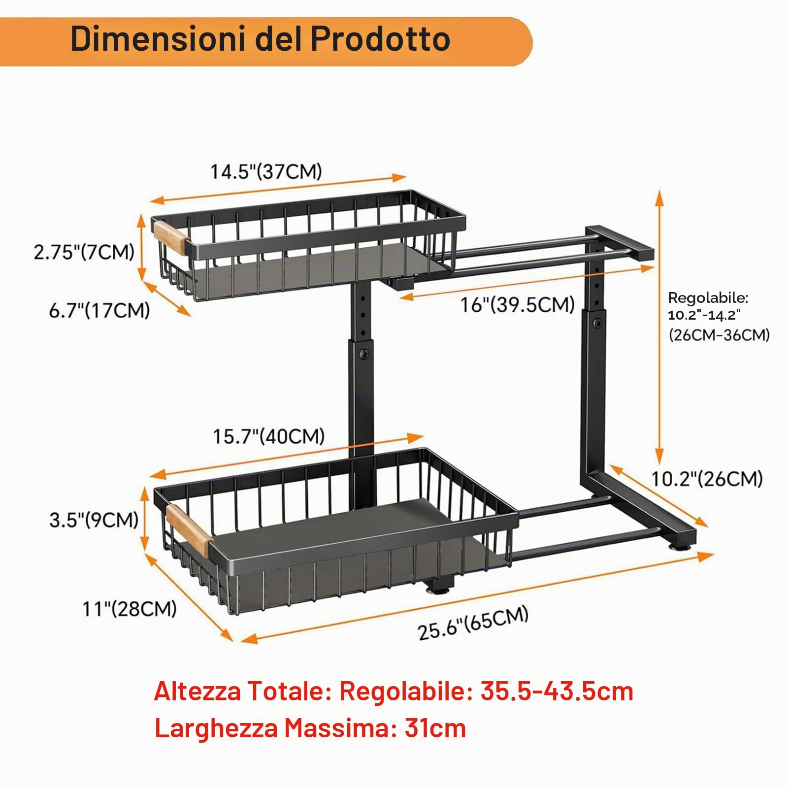 Organizer Sottolavello Cucina Metallo, Regolabile in Altezza Sotto Lavello Cucina Organizer con 2 Cassetti Scorrevoli per Bagno portaoggetti, Accessori Utensili Cucina, Controsoffitto, Mobile