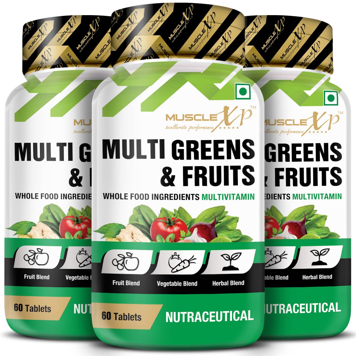 MuscleXP Multi Greens and Fruits Multivitamin with Fruit, Vegetable and Herbal Blend - 60 Tablets - Pack Of 3