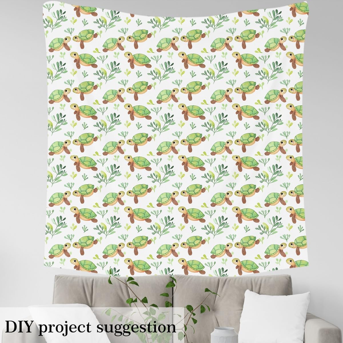 Cute Sea Turtles Fabric by The Yard Watercolor Cartoon Wild Sealife Decor Fabric for Kids Boys Girls Outdoor Natural Leaves Rustic Style Fabric for Bed Outdoor Indoor DIY Projects 2 Yards,72"L x 59"W