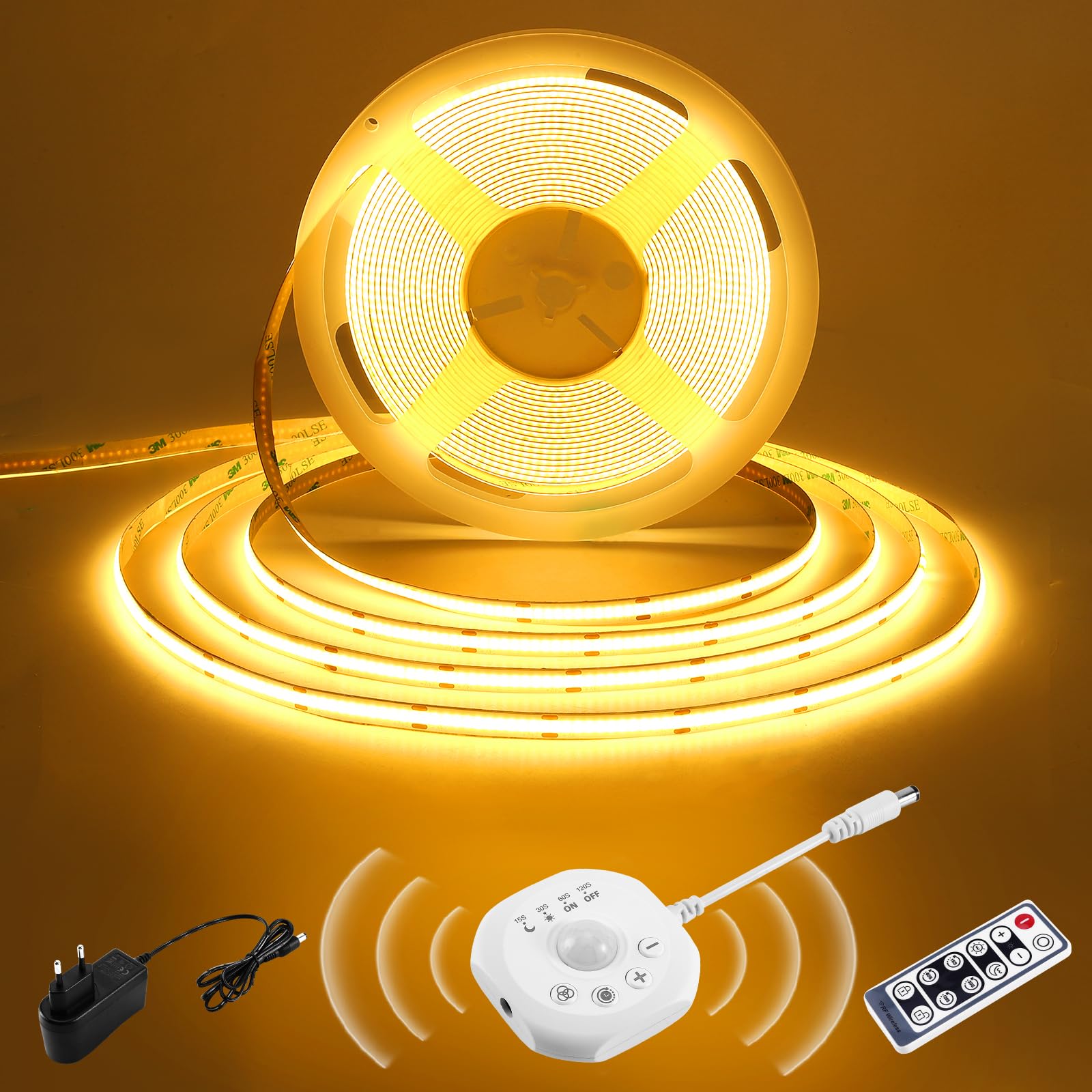 COB LED Streifen 3m mit Bewegungsmelder, DC24V Lichtband Selbstklebend mit Automatischem On/Off, 4 Timer-Modi, Tag-/Nacht Modi, LED Streifen warmweiss für Treppe, Bett, Kleiderschrank, Küche, 2700K