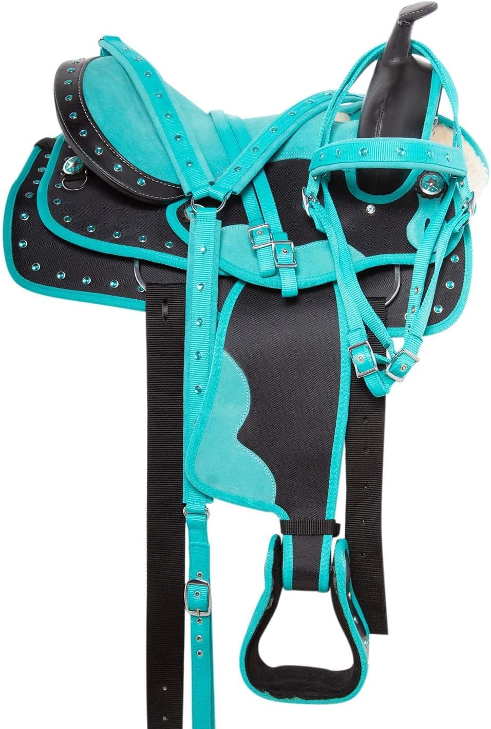Premium Synthetic Western Horse Saddle 10 to 18 Inch and Comfy Horse Saddle with Tack Set Headstall Breast Collar Reins and Sizes