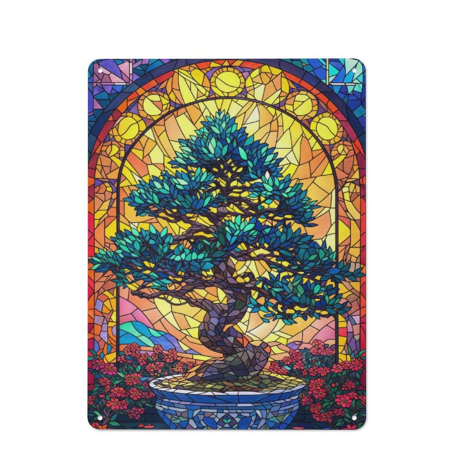 Junmoney Style-22 Decorative Metal Plaque With Bonsai Tree Stained Glass Design 40X30cm, Casual Utility Space Decor For Patio Bar, Workshop, Shed Or Kitchen