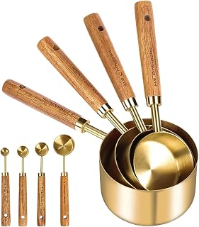 Measuring Cups Set, Stainless Steel Spoon, Wooden Handle Cookware, Precision Volume Markings, Stackable Design, 8 Pcs Set, Perfect for Baking, Cooking, Snack Skills