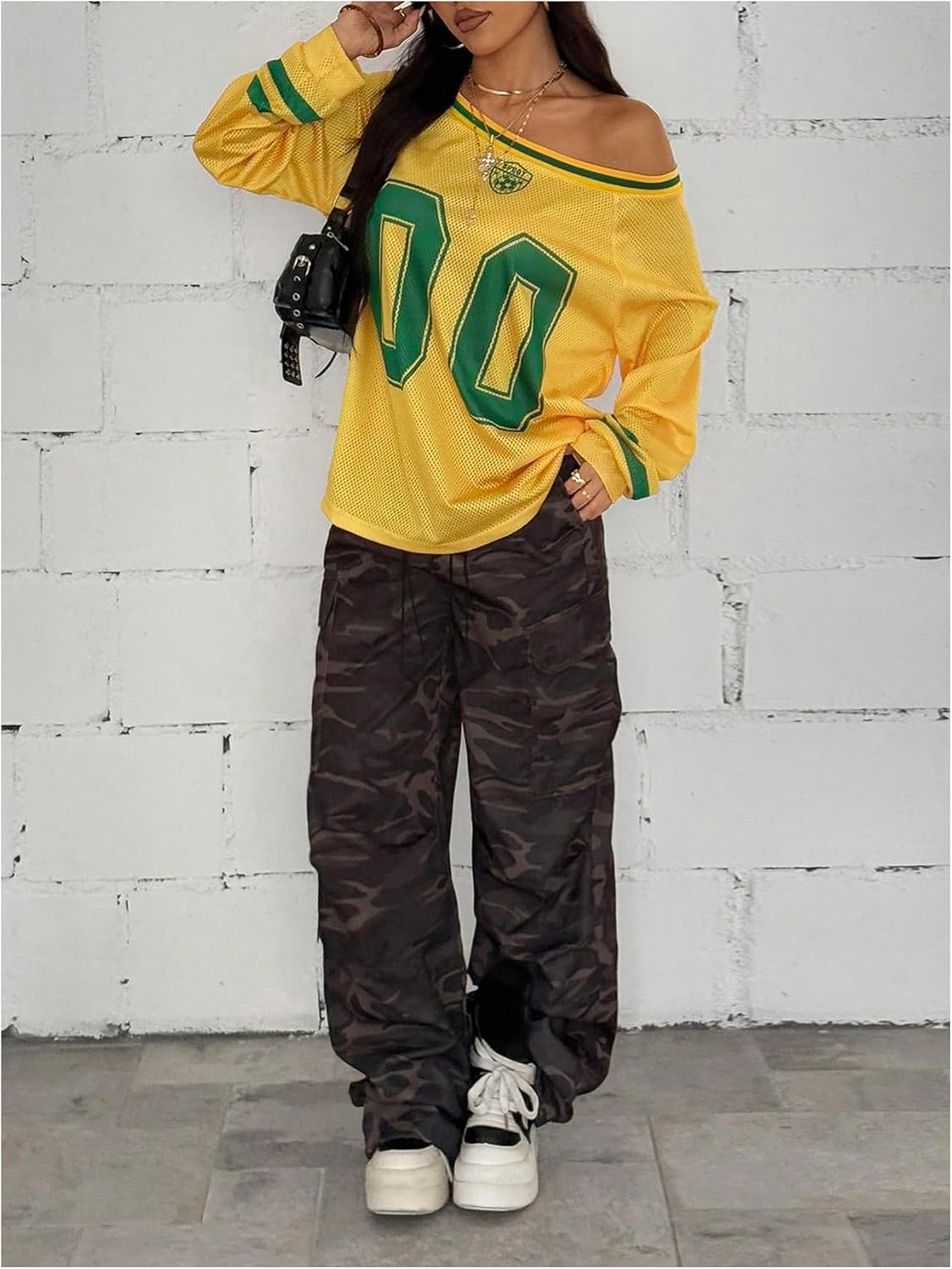 SHENHE Women's Oversized Graphic Jersey Shirt Y2k Off Shoulder Long Sleeve Top Streetwear - Image 5