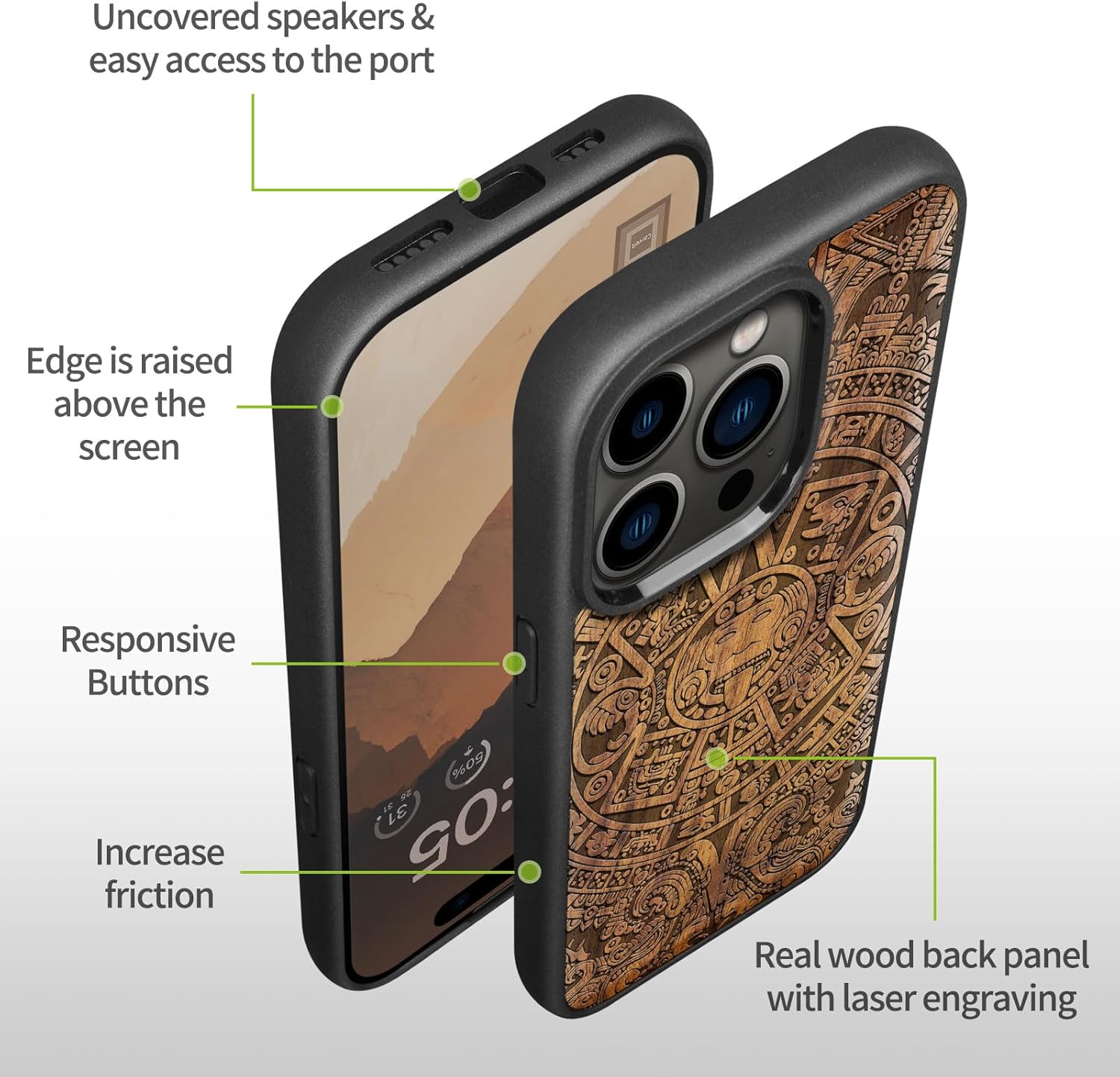Carveit Magnetic Wooden Case for iPhone 15 Pro Case, Compatible with MagSafe Wireless Chargers, Black Soft TPU Shockproof Cover & Wood Artisan Engraved (Maya Calendar) - Walnut