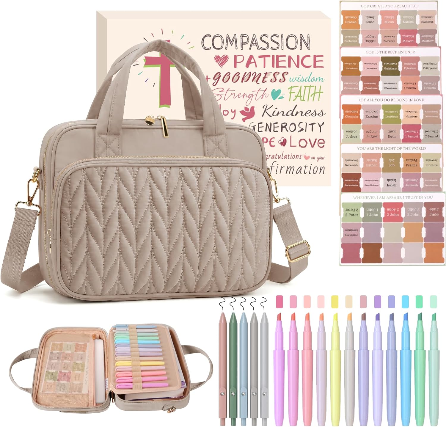 BellaHold Bible Cover Case for Women, Large Bible Bag with Study Supplies, Bible Journaling Kit with Highlighters and Pens No Bleed, Christian Gift for Women (Shoulder Strap, Smokey Taupe)