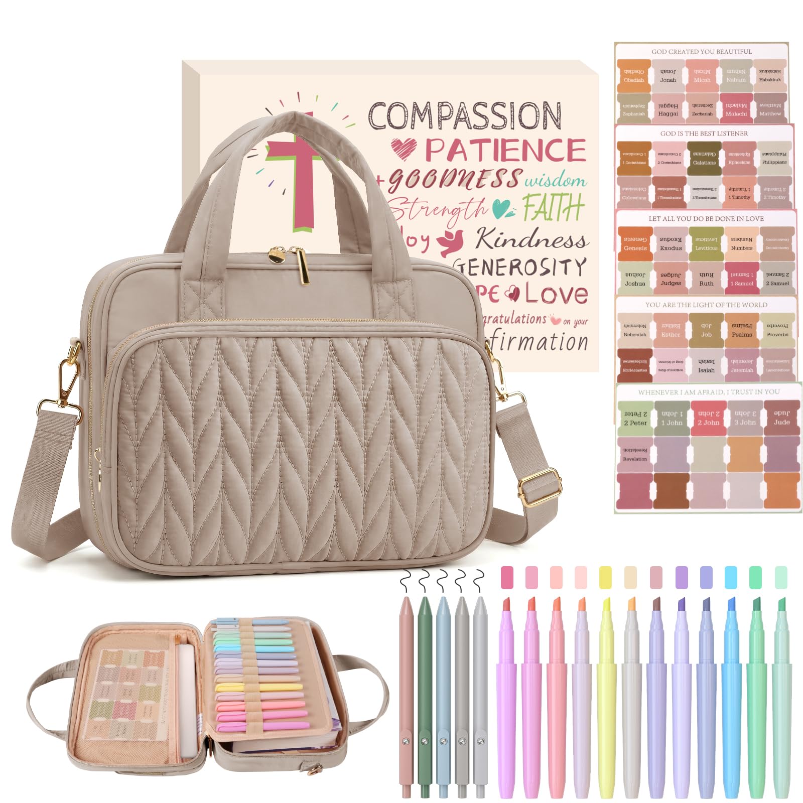 BellaHold Fournitures d'étude biblique – Étui de couverture de la Bible pour femme, 17 surligneurs et stylos de Bible sans bavure, 75 onglets de Bible, kit de journal de la Bible et cadeau chrétien