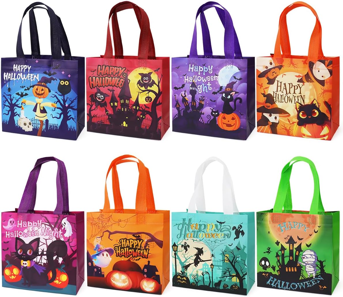 8PCS Halloween Small Trick or Treat Bags, 7.9"×7.9"×3.15", Non-Woven Gift Tote Bags with Handles for Gifts Wrapping, Party Supplies