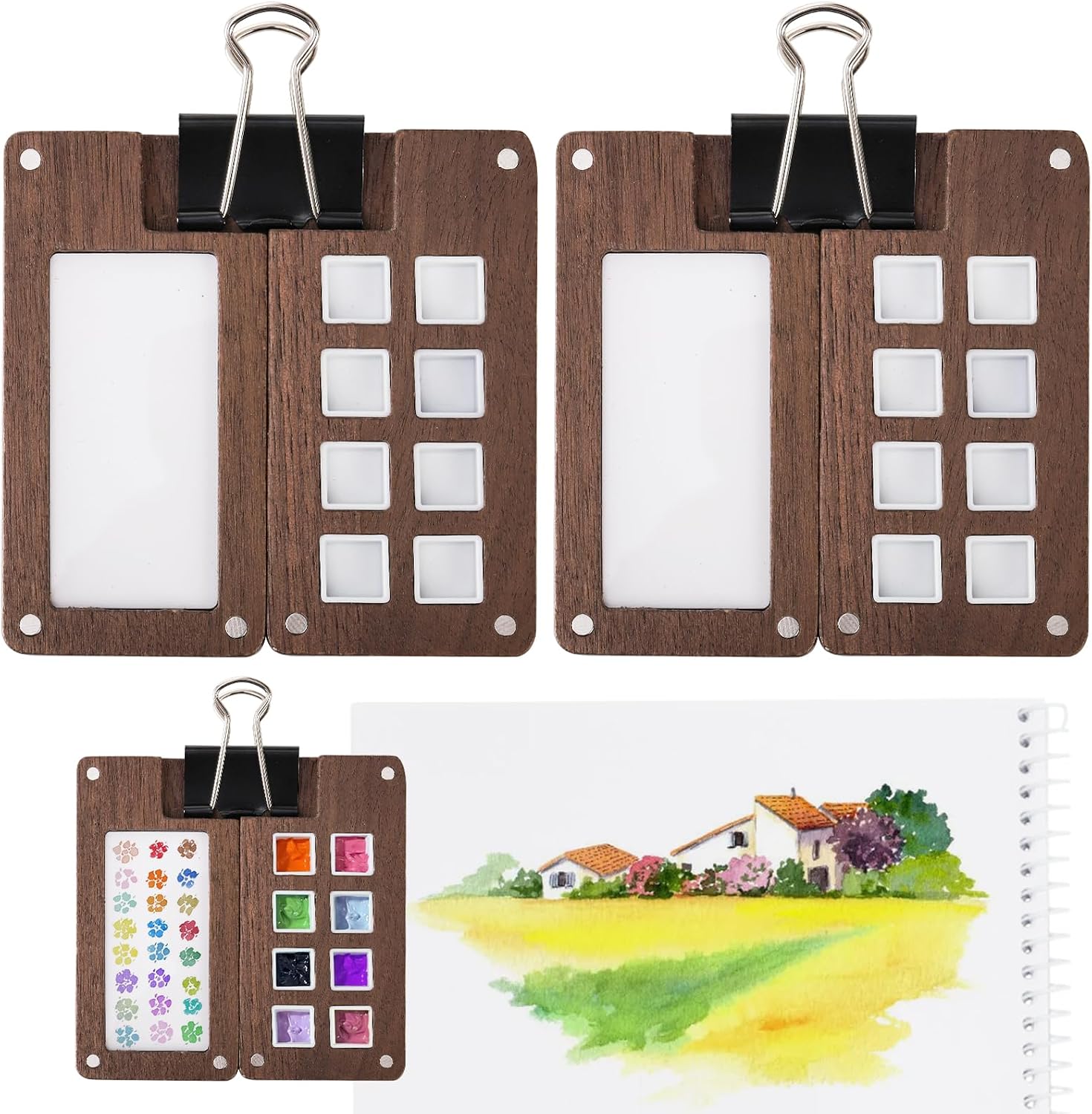 WRINGKIT Set of 2 Portable Sketchbook Palette, Wooden Mini Paint Palette with Clips, Magnetic Travel Watercolor Mixing Tray Box with Lid for Gouache, Acrylic Paint, 8 Grid