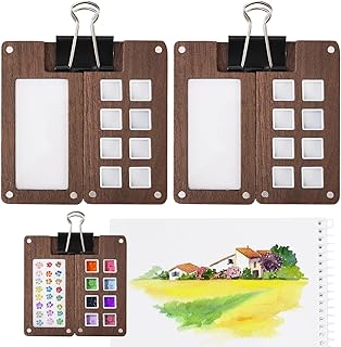 Set of 2 Portable Sketchbook Palette, Wooden Mini Paint Palette with Clips, Magnetic Travel Watercolor Mixing Tray Box with Lid for Gouache, Acrylic Paint, 8 Grid