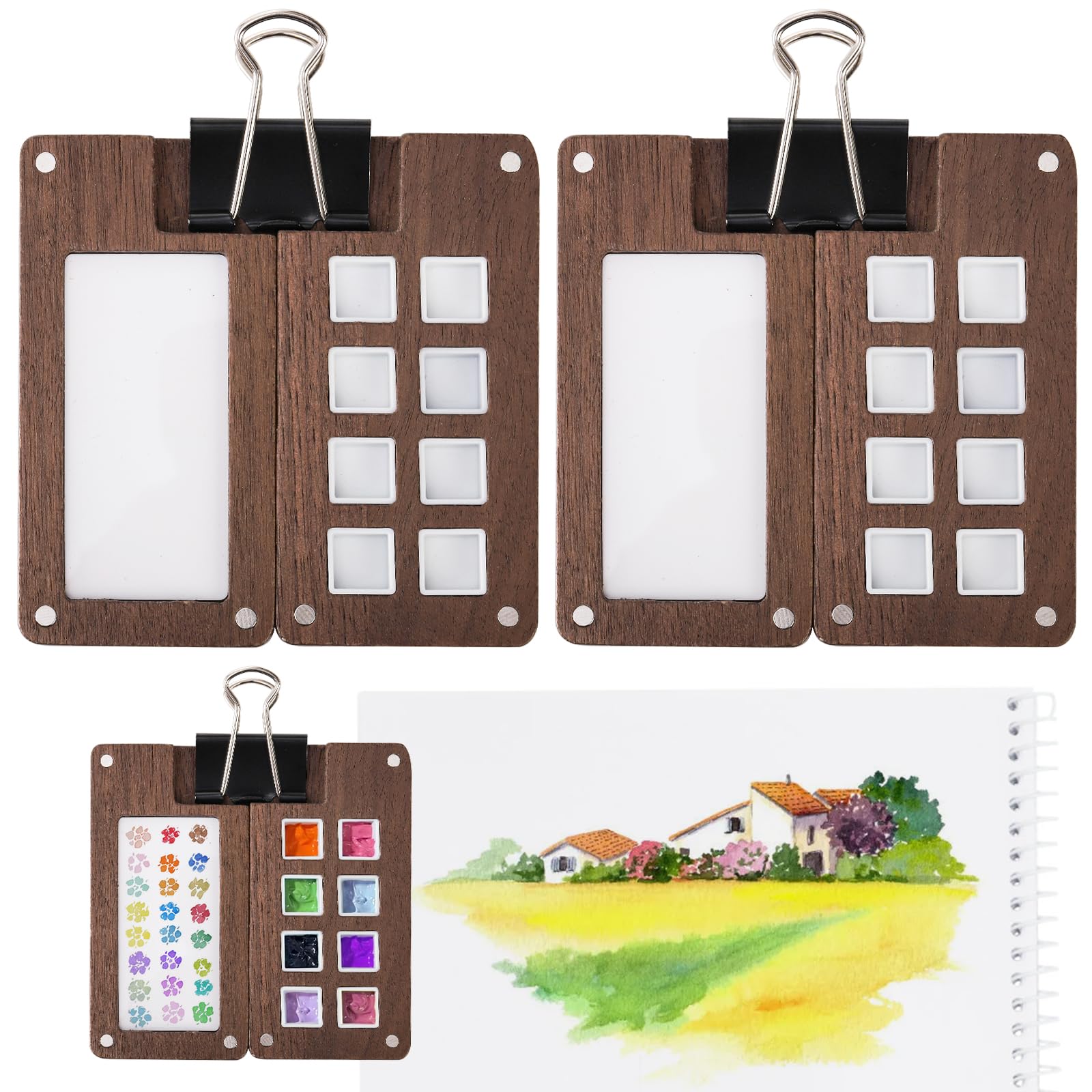 WRINGKIT Set of 2 Mini Wood Watercolor Palette, Portable, 8 Grid