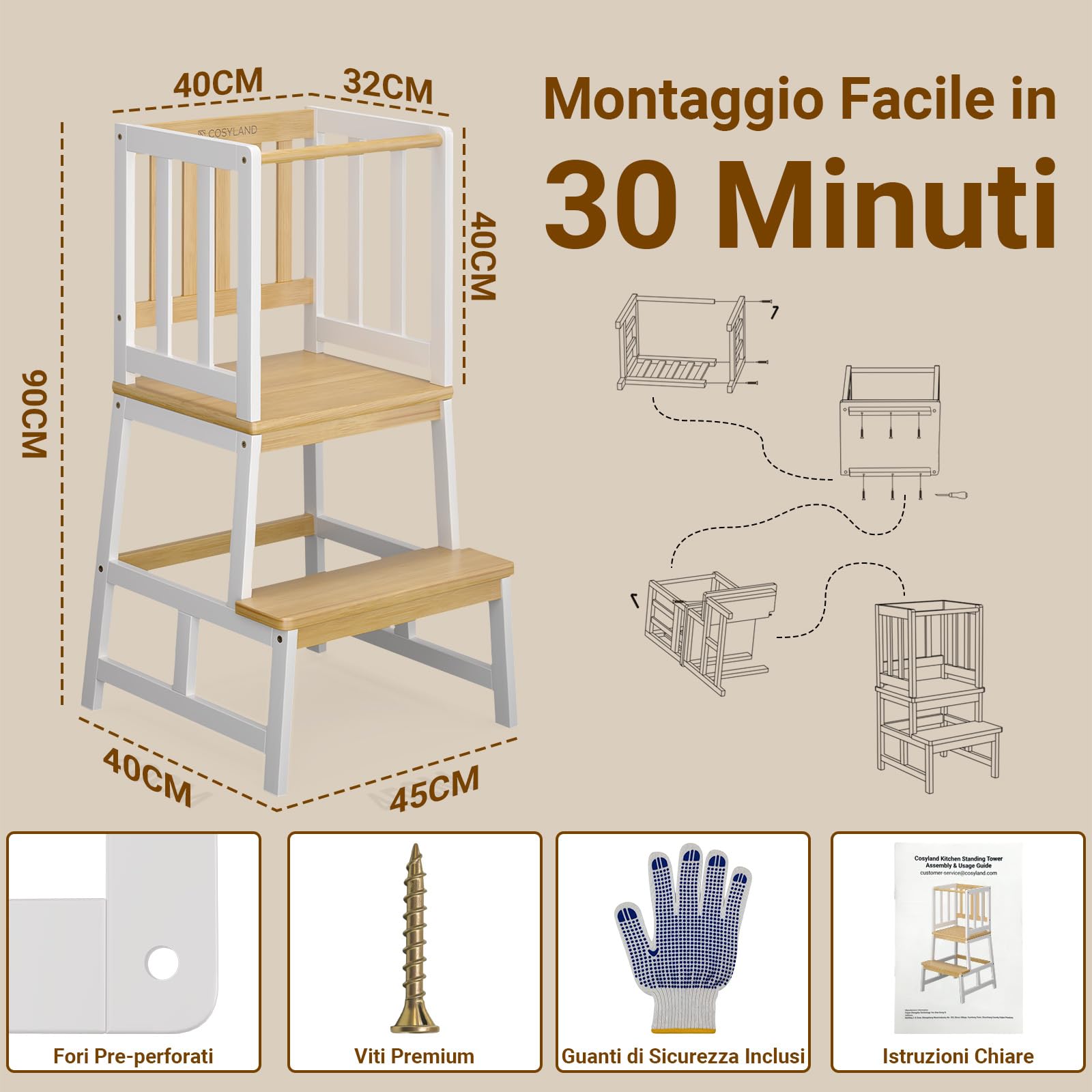 COSYLAND Torre Montessoriana Bambini – Torretta Montessoriana A Forma di “A” con Pedana Centrale Rinforzata – Torre Montessoriana da Cucina o Bagno, Convertibile in Doppio Sgabello – Bianco e Naturale