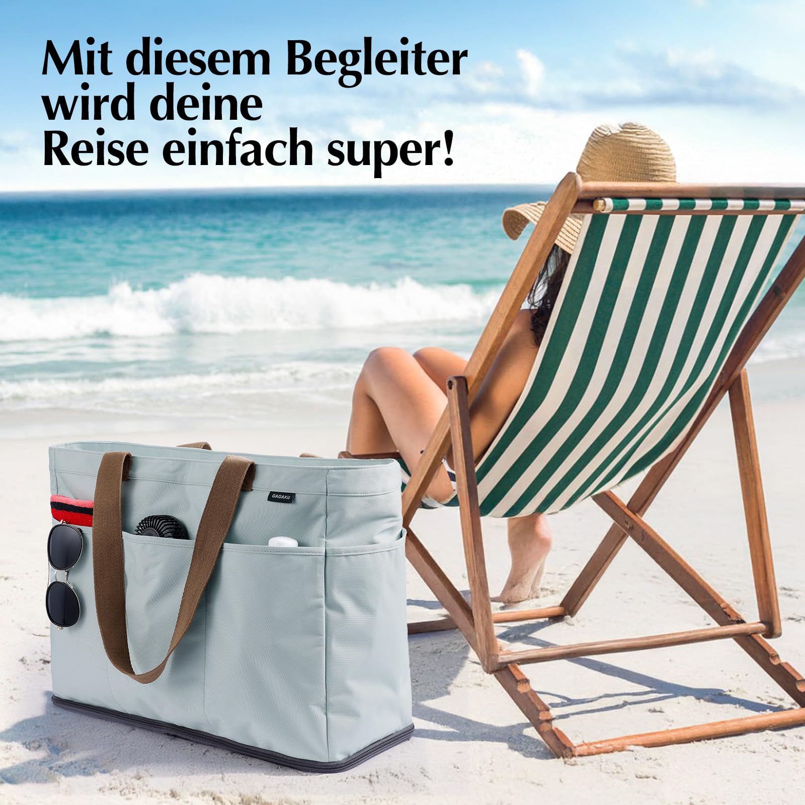 GAGAKU Strandtasche XXL mit Kühlfach, Wasserfest Beach Bag mit Reißverschluss, Faltbar, 50x38x19cm