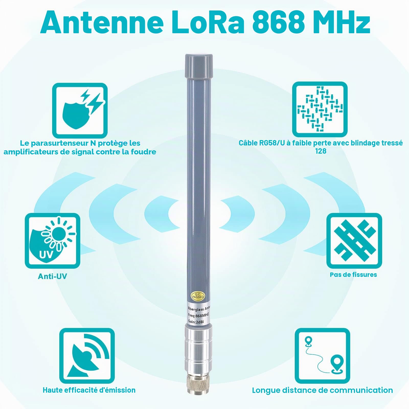 Antenne Lora 868MHz 3dBi Omnidirectionnelle Fibre de Verre N Mâle | Antenne 868MHz extérieure avec Type N Parafoudre câble d'extension 5M kit pour Nebra, Bobcat Helium, IoT et Réseaux LoRaWAN