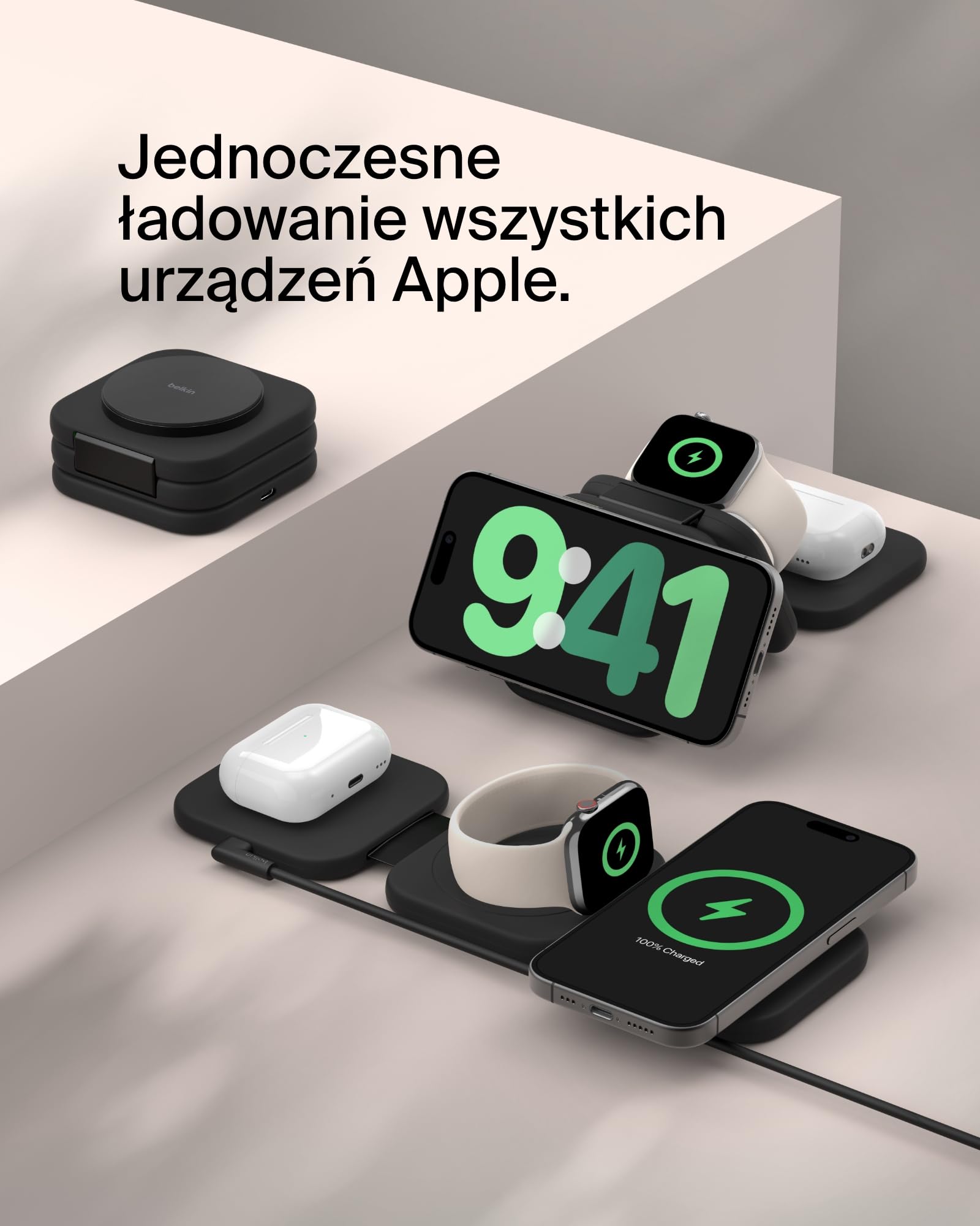 Belkin BoostCharge Pro podróżna magnetyczna podkładka ładująca 3 w 1 15 W z certyfikatem Qi2 – składana ładowarka indukcyjna zgodna z MagSafe do urządzeń iPhone 16/15/14, Apple Watch 10 i AirPods