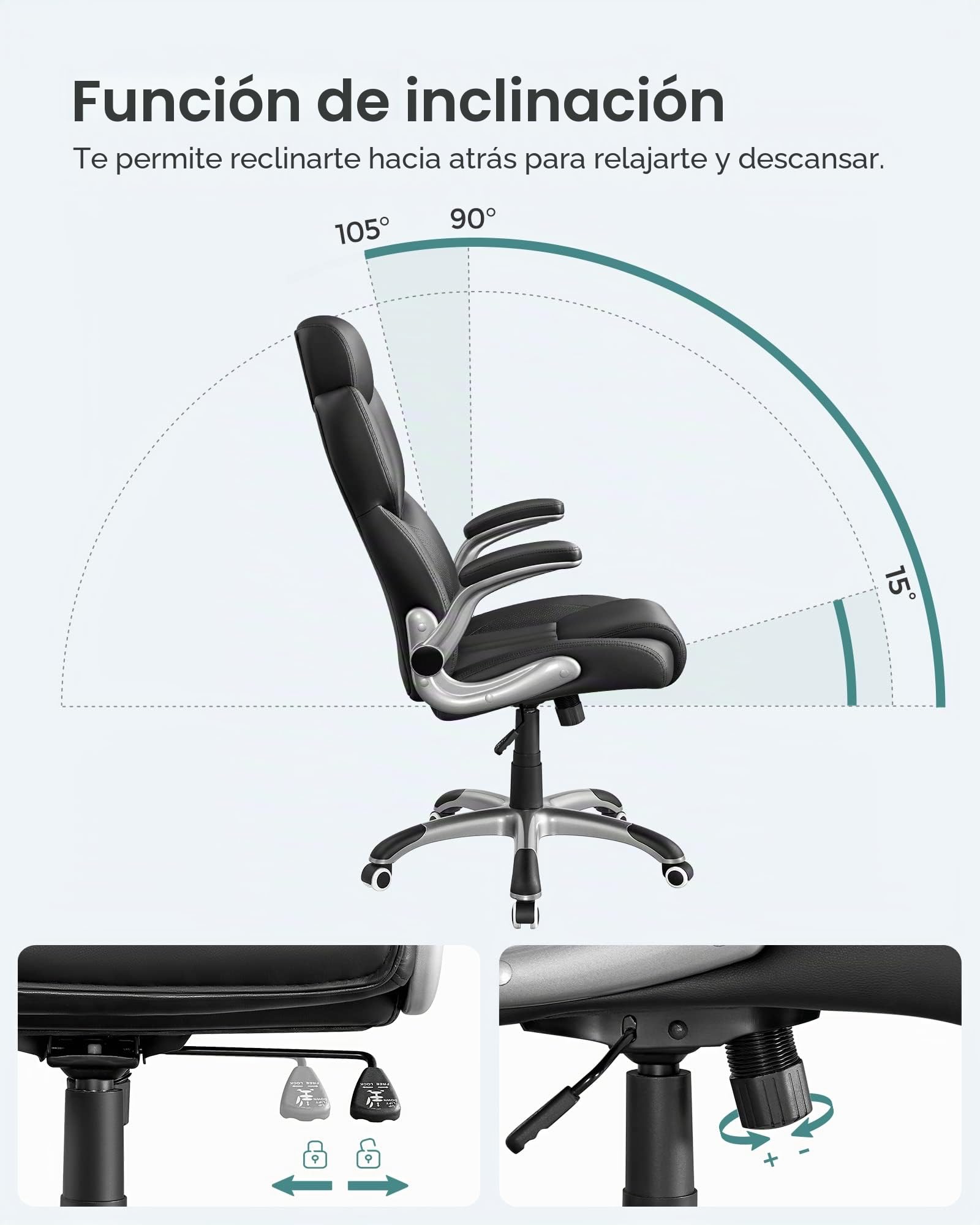 SONGMICS Silla de Oficina, Silla Gaming Ergonómica, Mecanismo de Inclinación, Apoyabrazos Plegables, Ruedas Universales, Altura Ajustable, Silla Racing, Negro Tinta OBG65BK