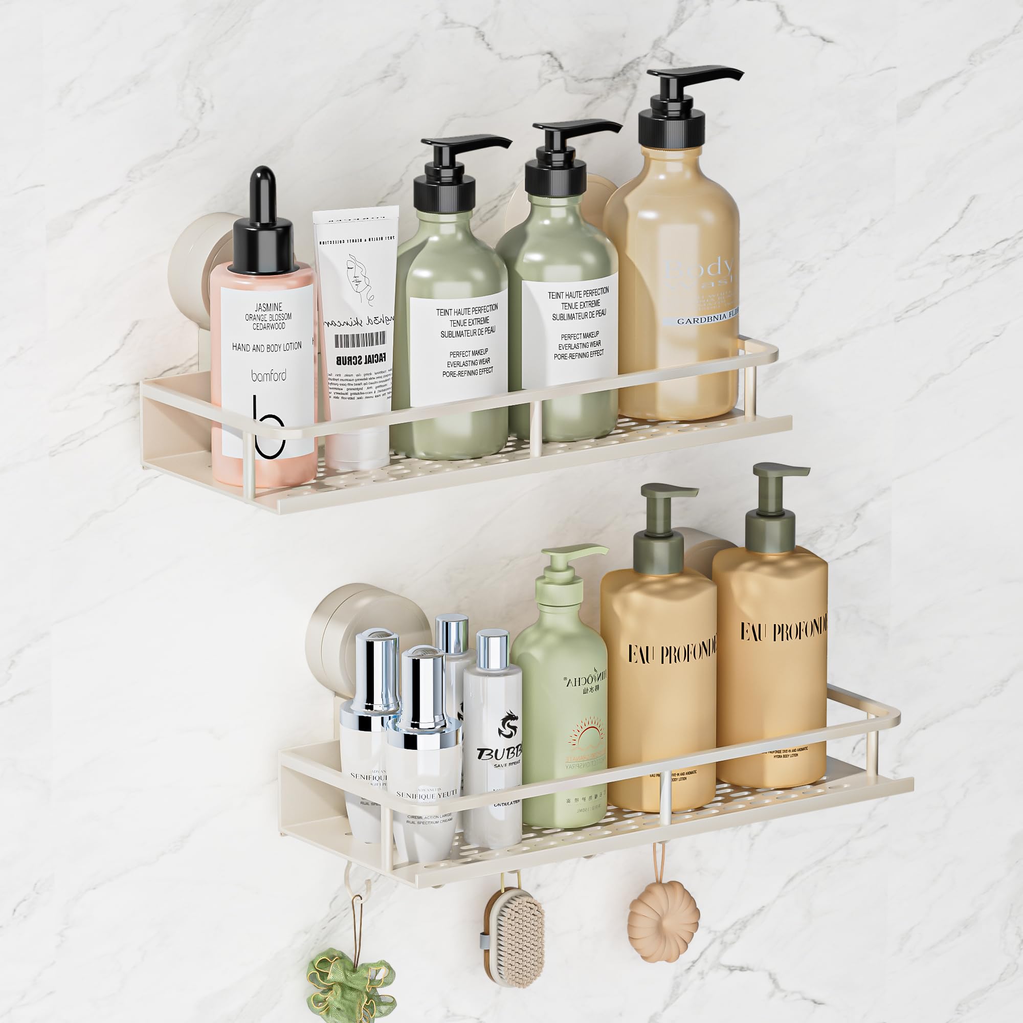 Wisfame Shower Caddy Suction Cup,2 Shower Shelf Suction with 5 Hooks,Drill-Free Waterproof/Rustproof Removable Bathroom Shelf for Shampoo Conditioner Soap-White
