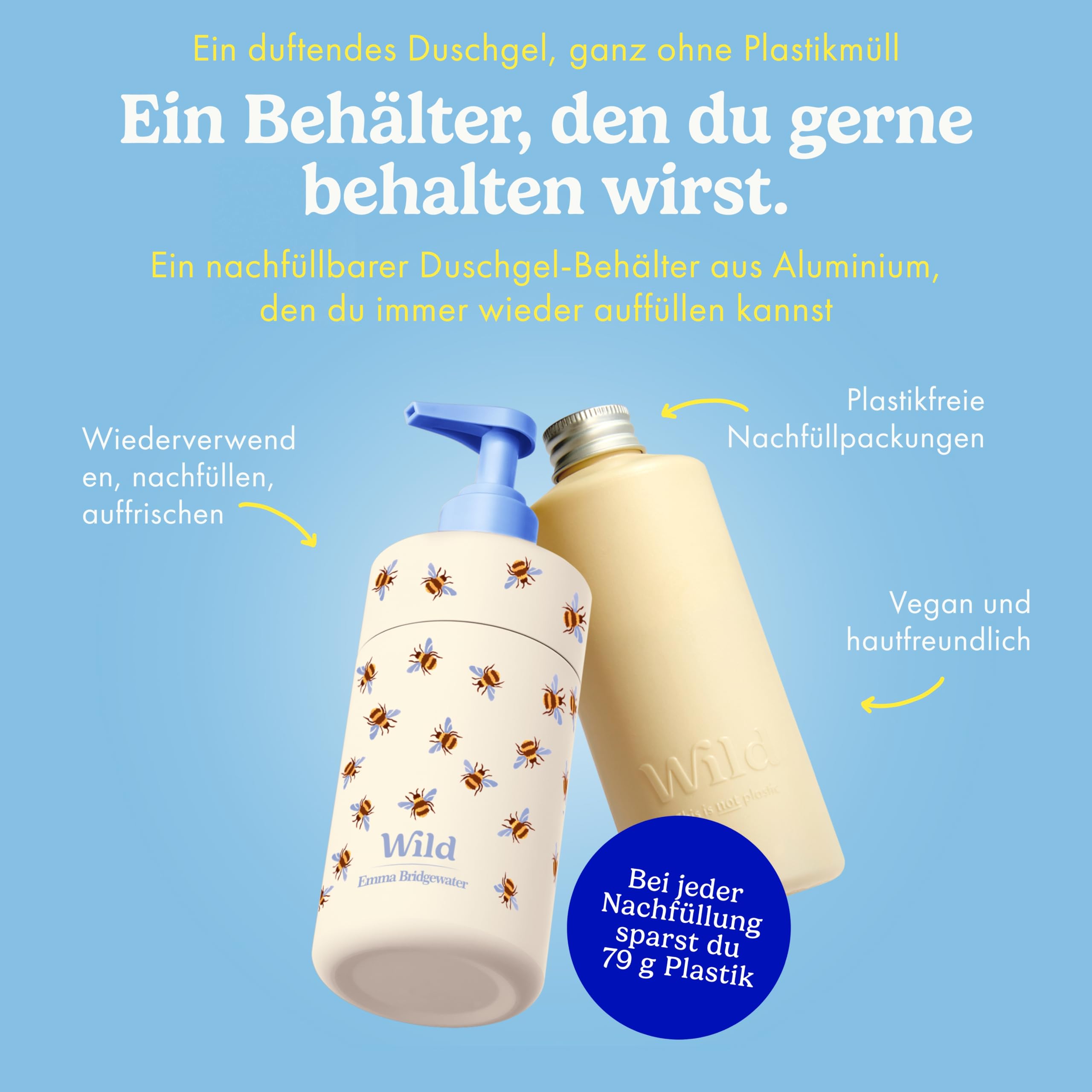 Wild Nachfüllbares Body Wash Starter‑Kit – Bee Print Aluminium‑Case & 3er‑Pack Duschgel‑Nachfüller – 95 % natürliche Inhaltsstoffe – Honey & Almond, Amber & Oud, Santorini Sunset