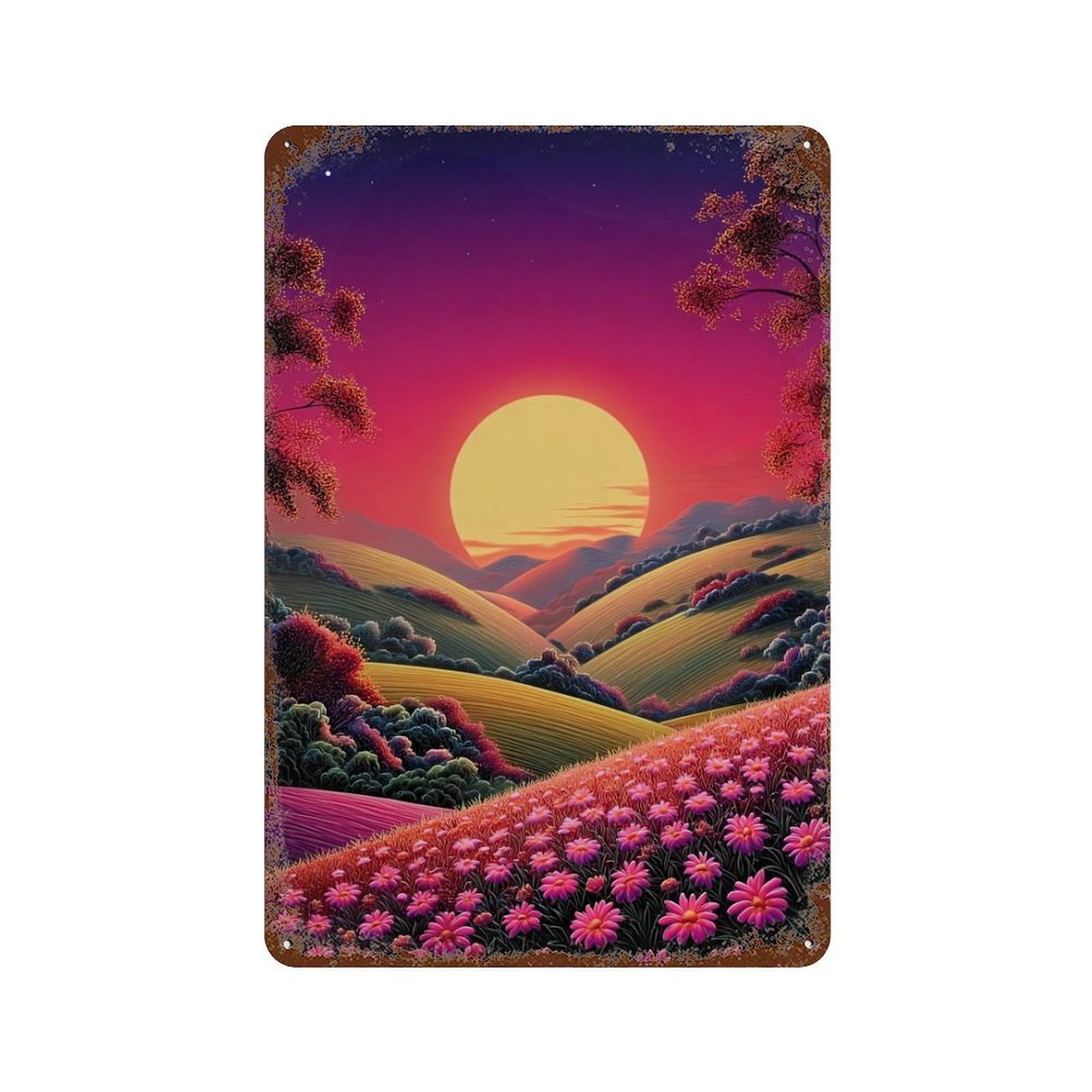 Sunset Over Rolling Hills 11.8"x7.9" Rustic Tin Plaque, Retro Wall Decor for Garage, Bar And Workshop Decor