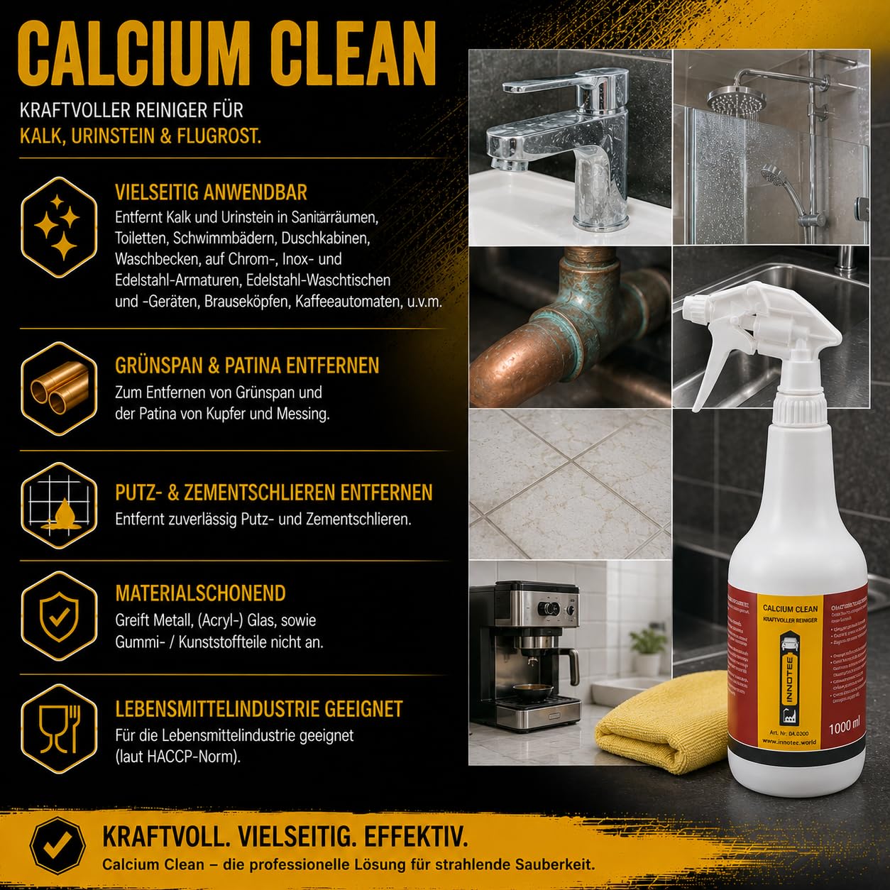 4 Stück Innotec Calcium Clean Kalk-/Flugrostentferner Kalklöser Kalkreiniger Entkalker Rostlöser - entfernt Flugrost, Urinstein, Kalk, Putz- und Zementschlieren - Lebensmitteltauglich -1L Sprühflasche