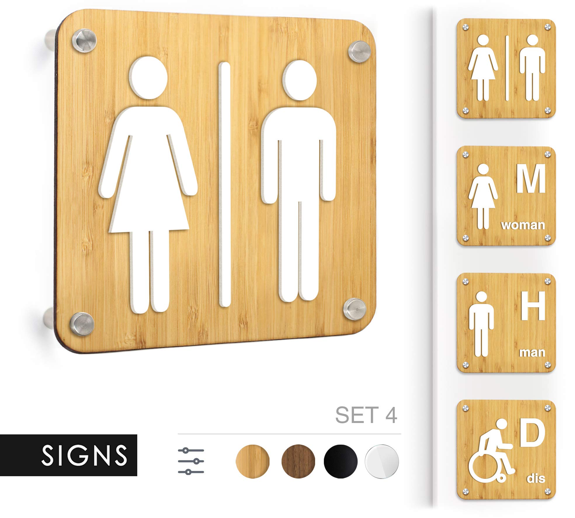 Signs [STAN08-bianco] Set 4X Placas de pared con separadores en relieve (Español/Inglés): Toilettes, Hombre, Mujer, Discapacitado, cartel de baño. Letrero WC de pared para inodoro y para puerta.
