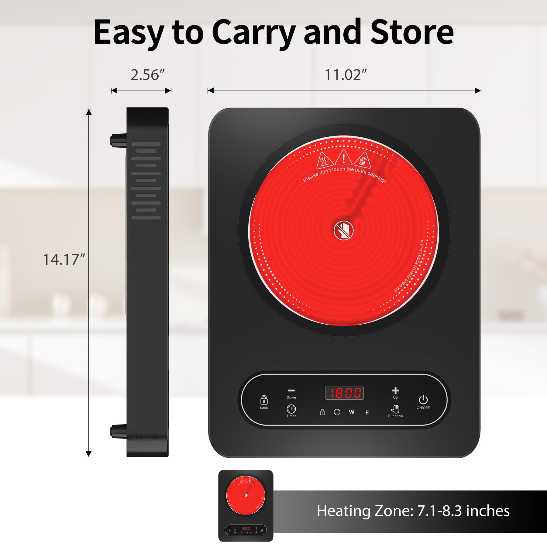 Cocina eléctrica de un solo quemador, estufa eléctrica de 110 V 1800 W con control táctil LED, 10 niveles de potencia, 4 horas, bloqueo de seguridad, cocina portátil, protección contra 9