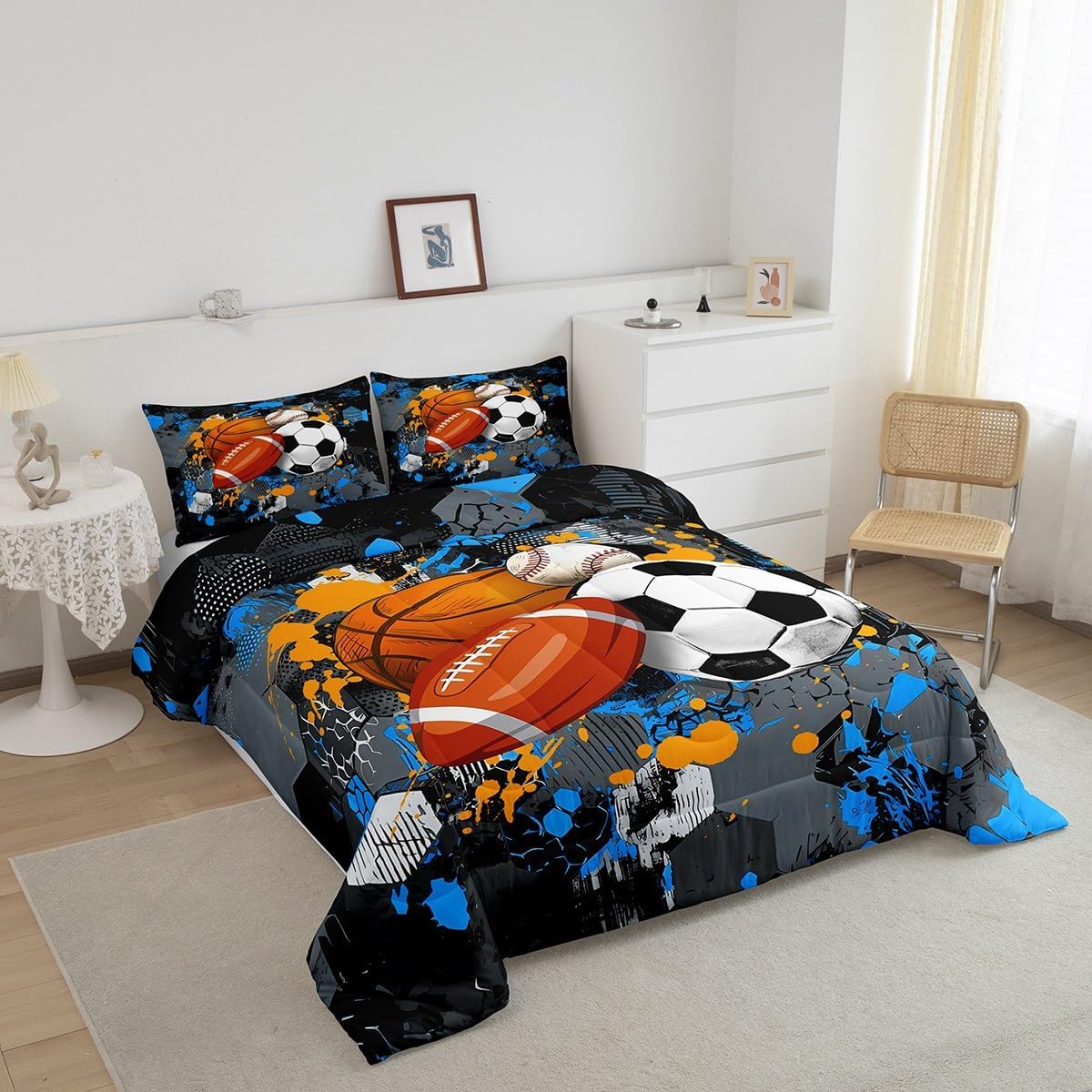 Feelyou Basketball Comforter Set Twin Size Baseball Comforter for Boys Girls Teens Football Bedding Set Sports Game Duvet Set Room Decor Balck Grey Blue Mixed Ball Quilt Set