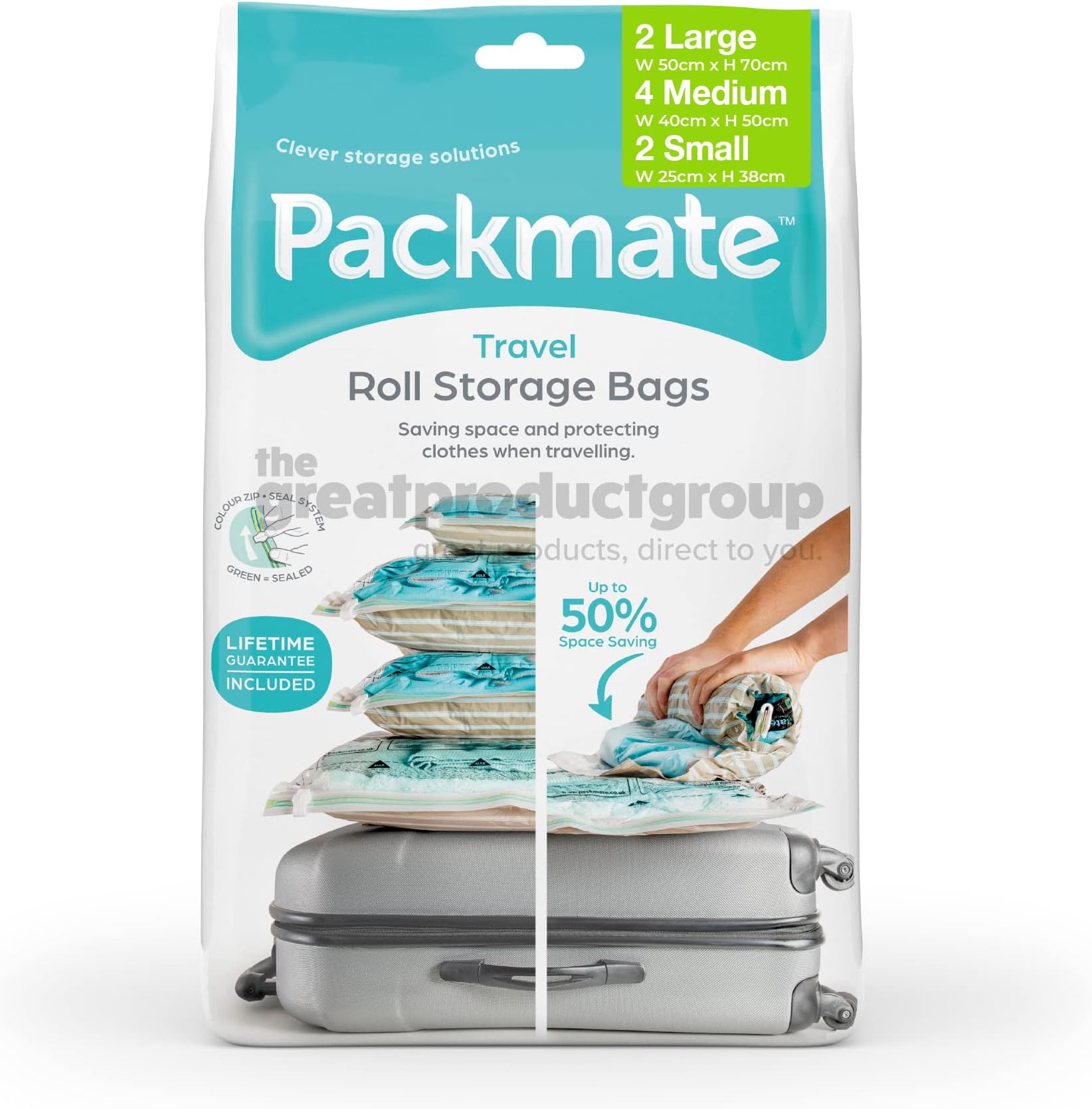 Packmate - 8pc Assorted (2L + 4M + 2S) Travel “roll by hand” Vacuum Bag - Premium quality market-leading brand, reusable, spacesaver luggage bags (Packaging may differ)