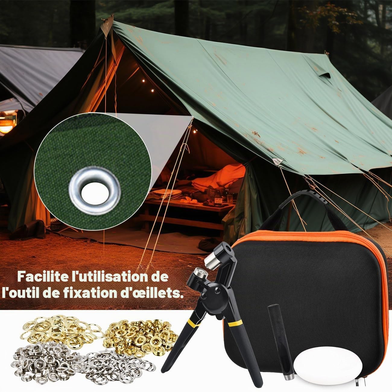 Kit de Perforation D'Œillets avec 200 Oeillets(Ø 10mm),Oeillets Métalliques Kit 10mm,Pince a Oeillets pour Baches,Pince a Oeillet Magnétique Kit Pince à Œillets pour Bannière PVC,Bâche et Tissu