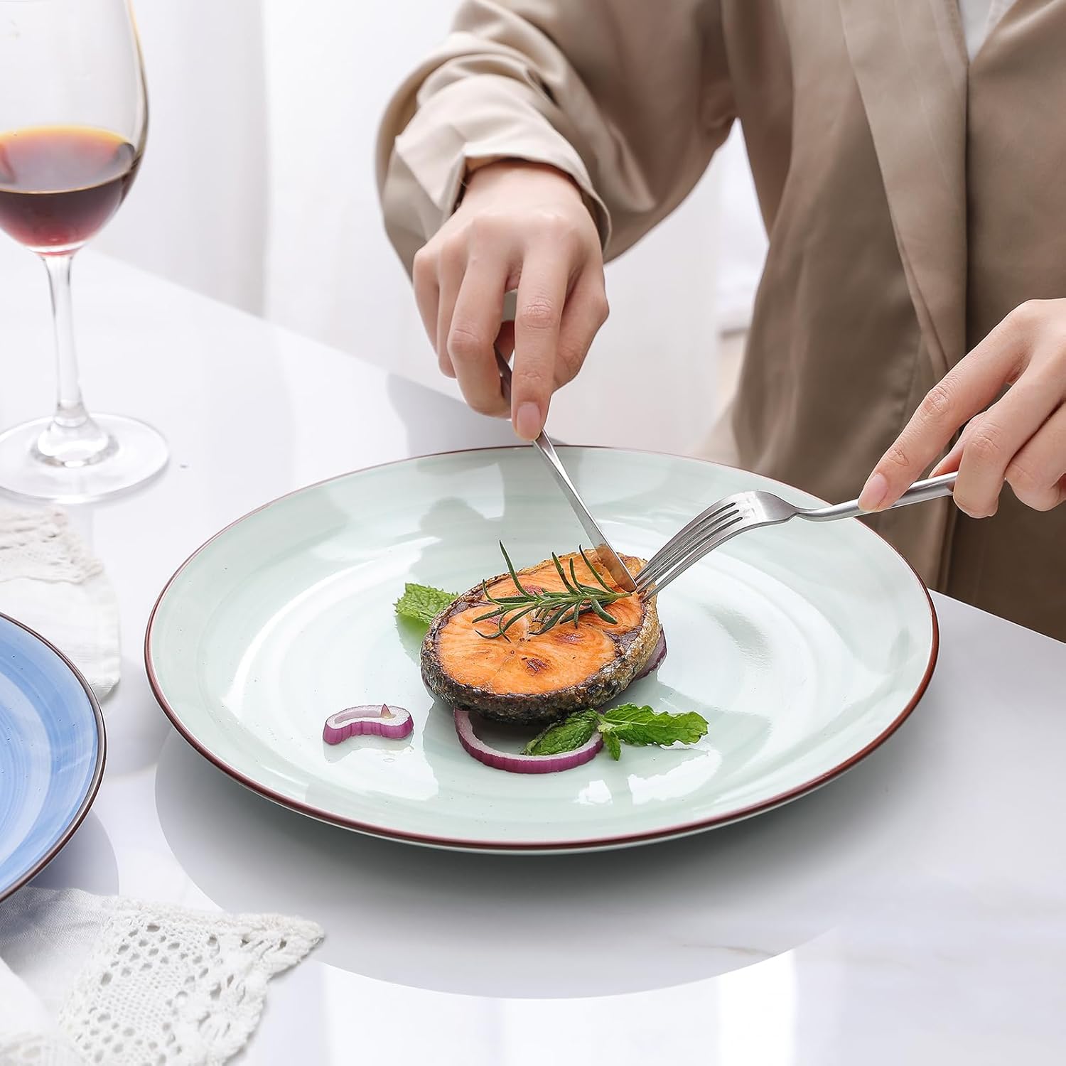 Selamica Ceramic Dinnerware Sets for 6, 18 Pieces Plates and Bowls Set, Scratch Resistant Dishes Set, Handpainted Swirl with Spot Dishwasher & Microwave Safe, Gradient Color - Image 5