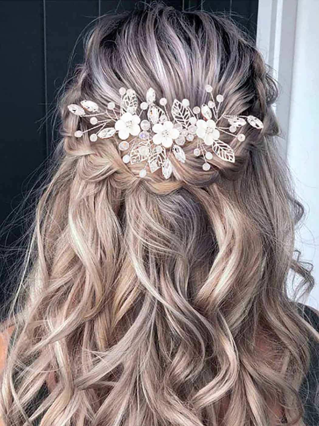 Bride Flower Wedding Hair Vines Crystal Hair Piece Bridal Hair Accessories for Women and Girls (Silver)