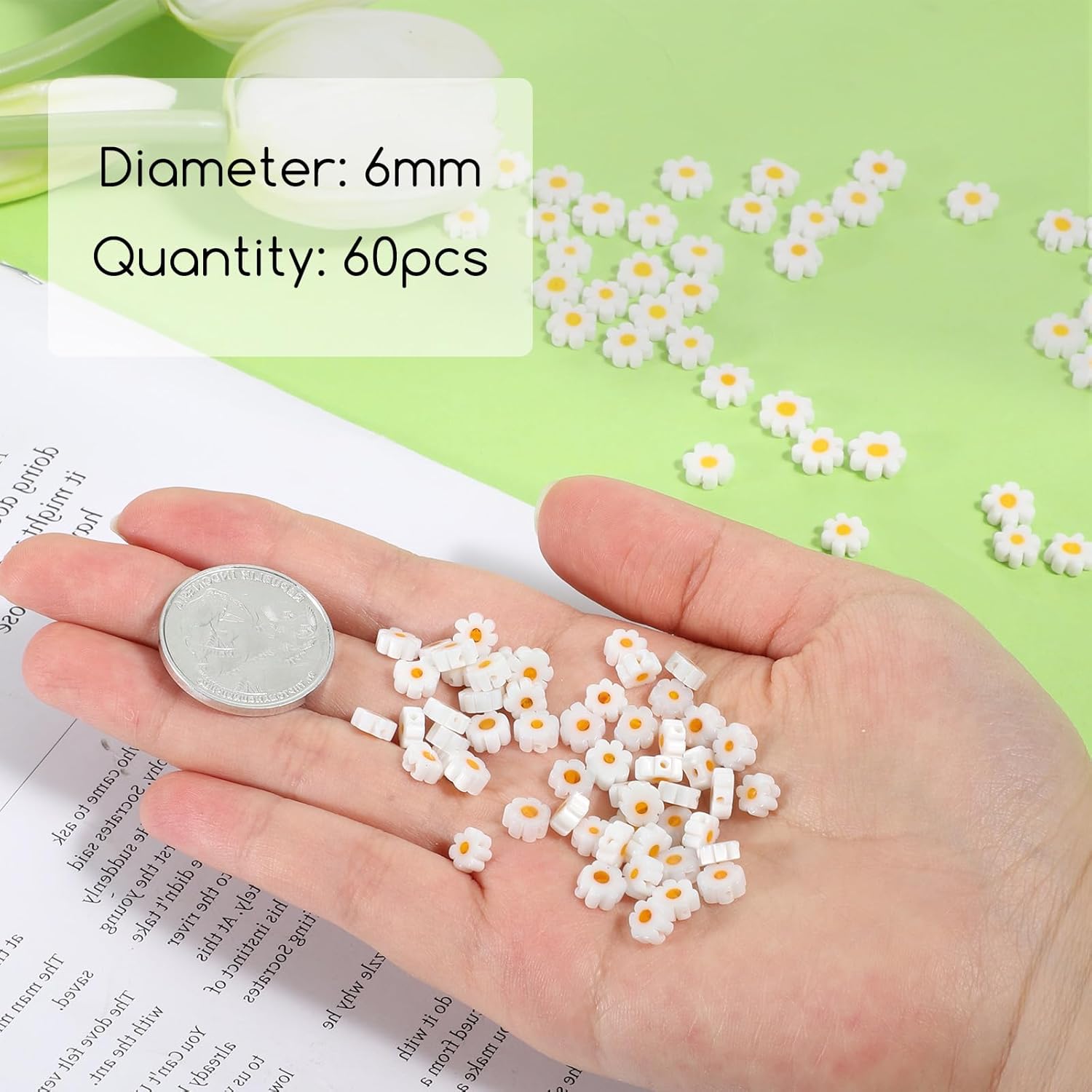 Daisy Glass Beads 60 Pcs Handmade White Daisy Flower Beads Flat Small Flower Loose Spacer Bead for DIY Bracelets Necklace Earrings (6mm) - Image 2