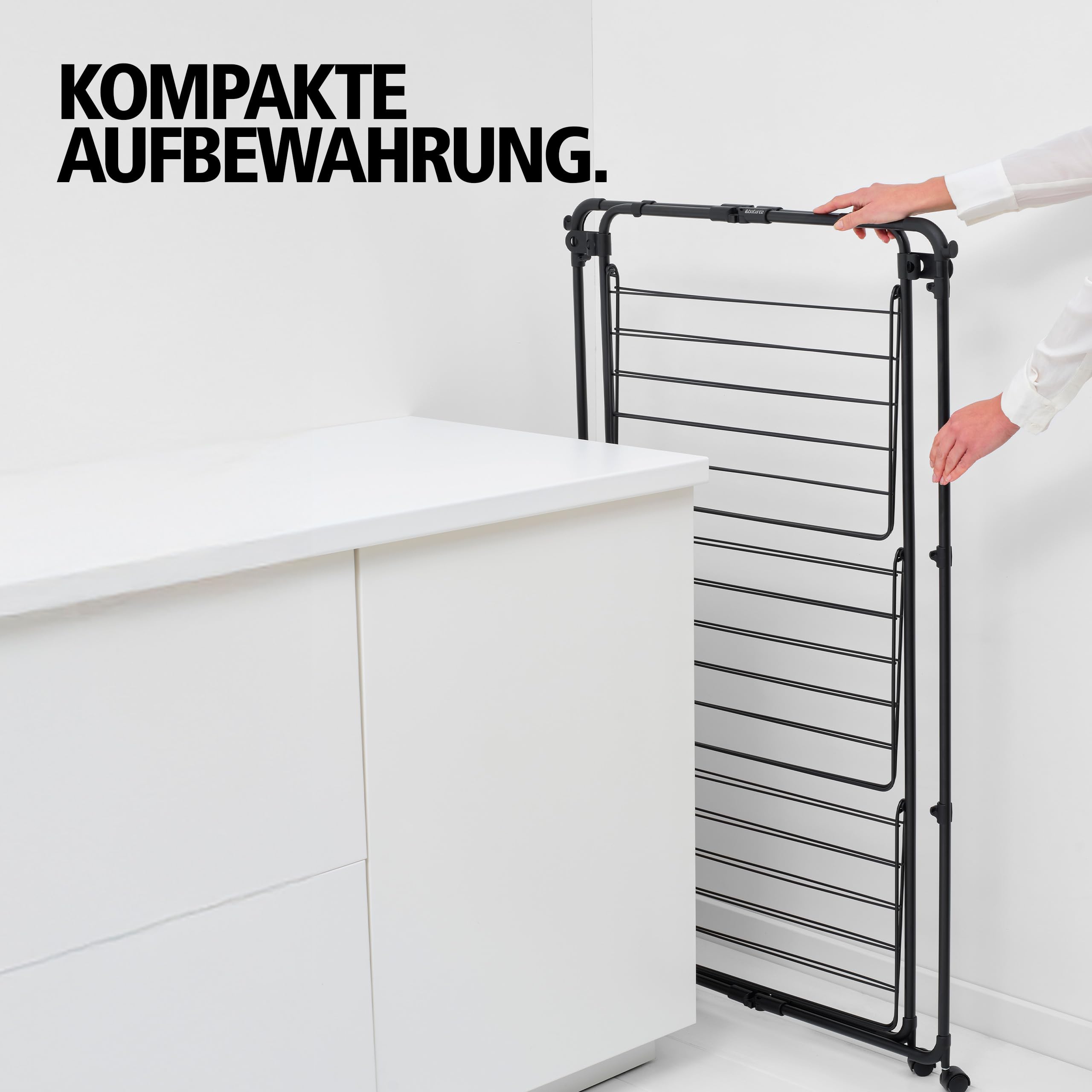 Brabantia HangOn Tower Drying Rack, 23 m (weiß), Turmwäscheständer klappbar, platzsparender Standtrockner mit Rollen und Aufhängehaken