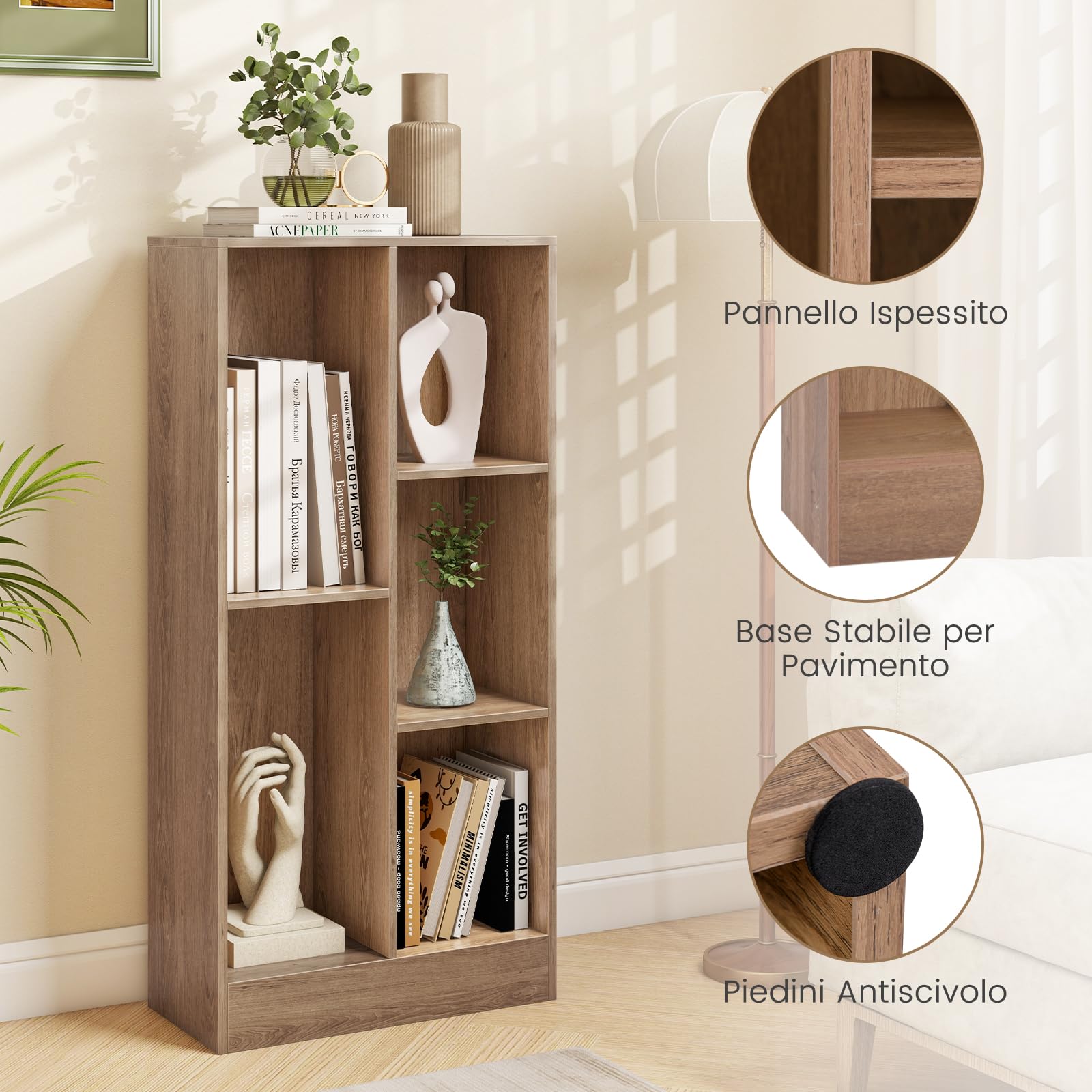 COSTWAY Libreria a 5 Cubi, Organizzatore di Stoccaggio Autoportante a 3 Livelli con 2 Kit Antiribaltamento, Mensola in Legno per Soggiorno Camera da Letto Ufficio, 50x24x104 cm (Naturale)