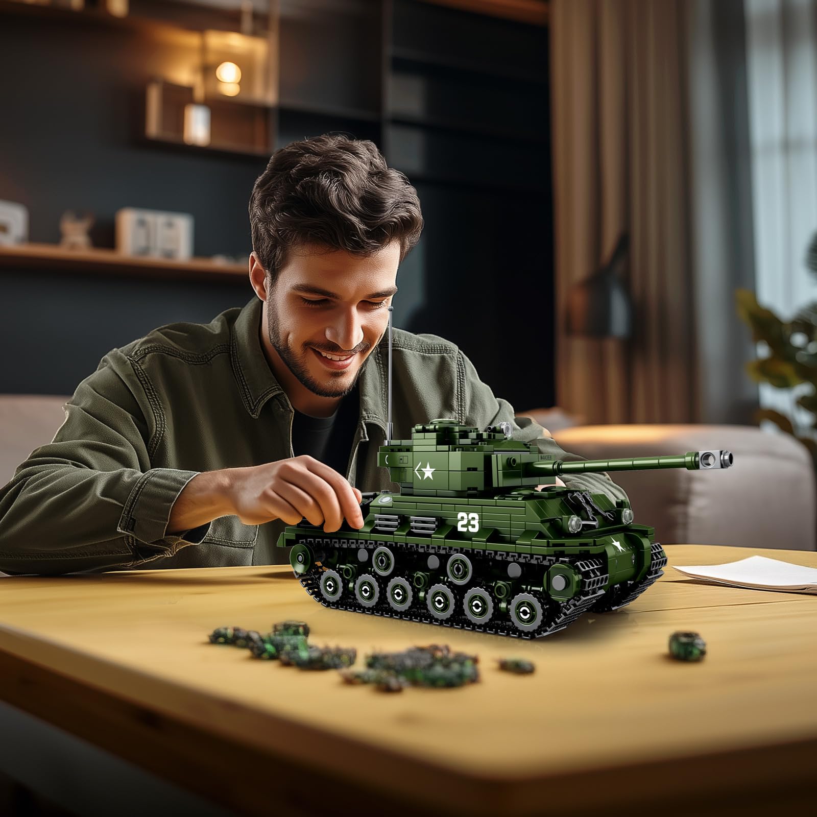 Reobrix Kit de Construcción de Tanque Sherman 77030,Licencia World of Tanks | Modelo de Tanque Militar Sherman, Kit de Vehículo Militar de Bloques, Bloques para Adultos, Regalo de Tanque, 836 Piezas