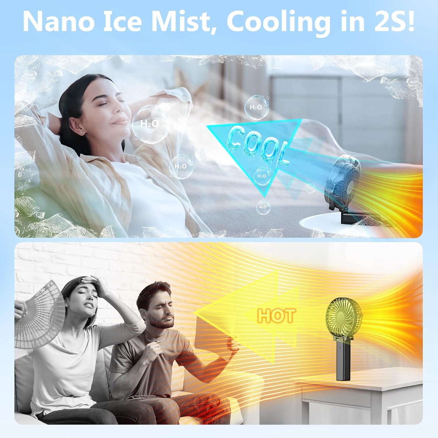 6000mAh Portable Handheld Misting Fan as Power Bank, 50ml XL Water Tank, 20H Runtime 3 Speeds, 180° Foldable Rechargeable Mist Fan for Travel, Outdoors, Makeup - Black - Image 4